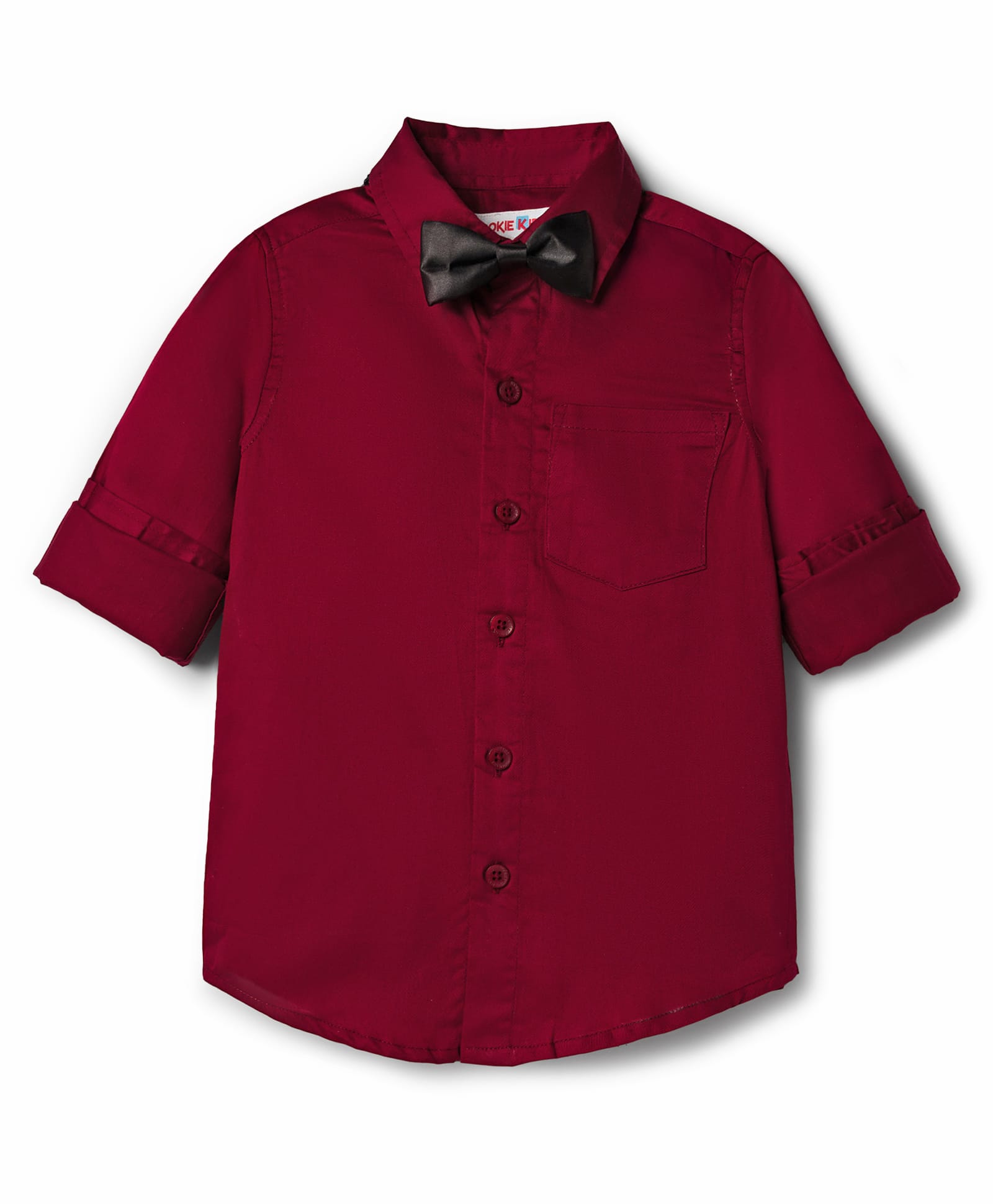 Kookie Kids Cotton Woven Full Sleeves Solid Satin Shirt With Bow - Red