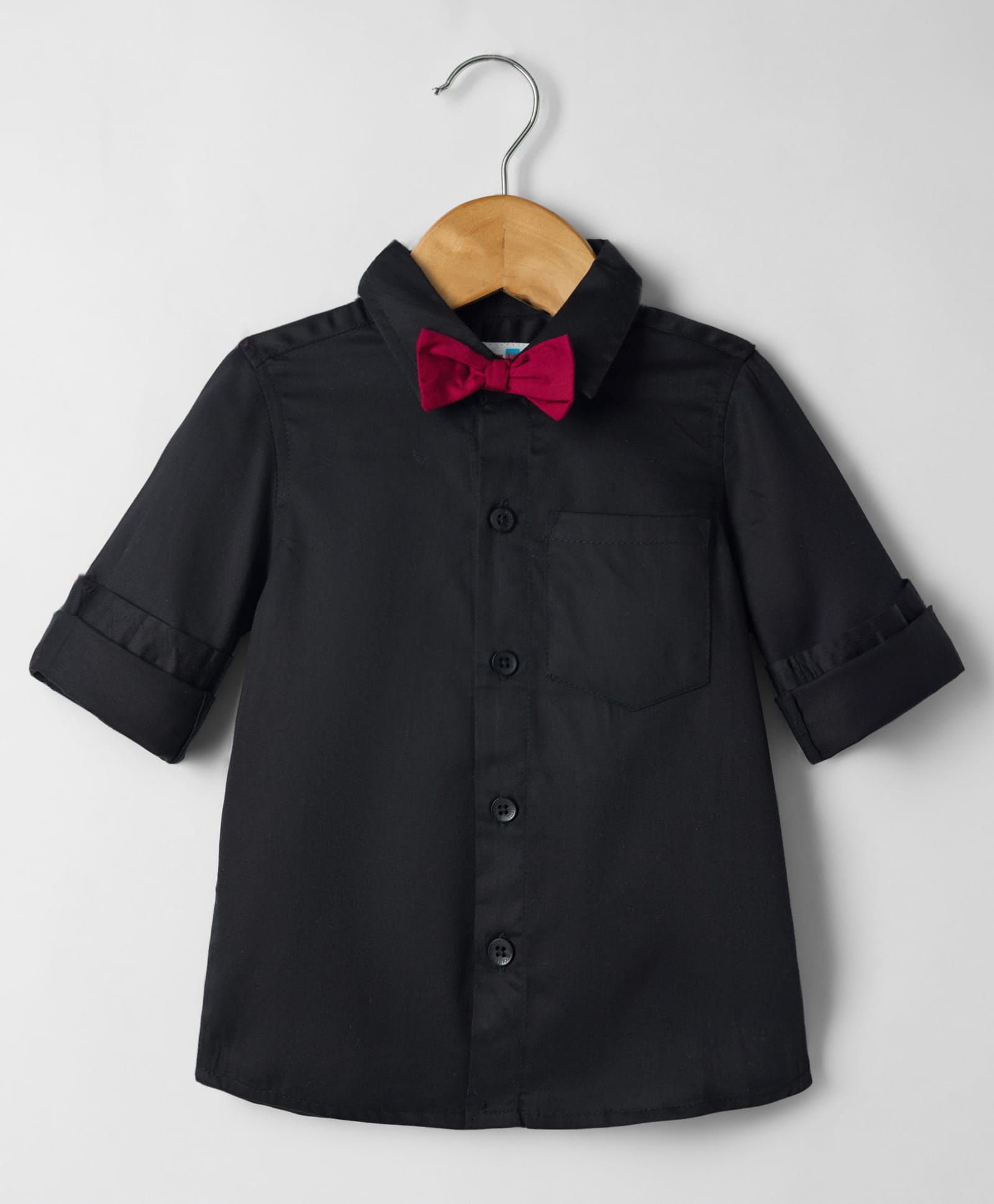 Kookie Kids Satin Woven Full Sleeves Solid Colour Party Shirt with Bow -Black