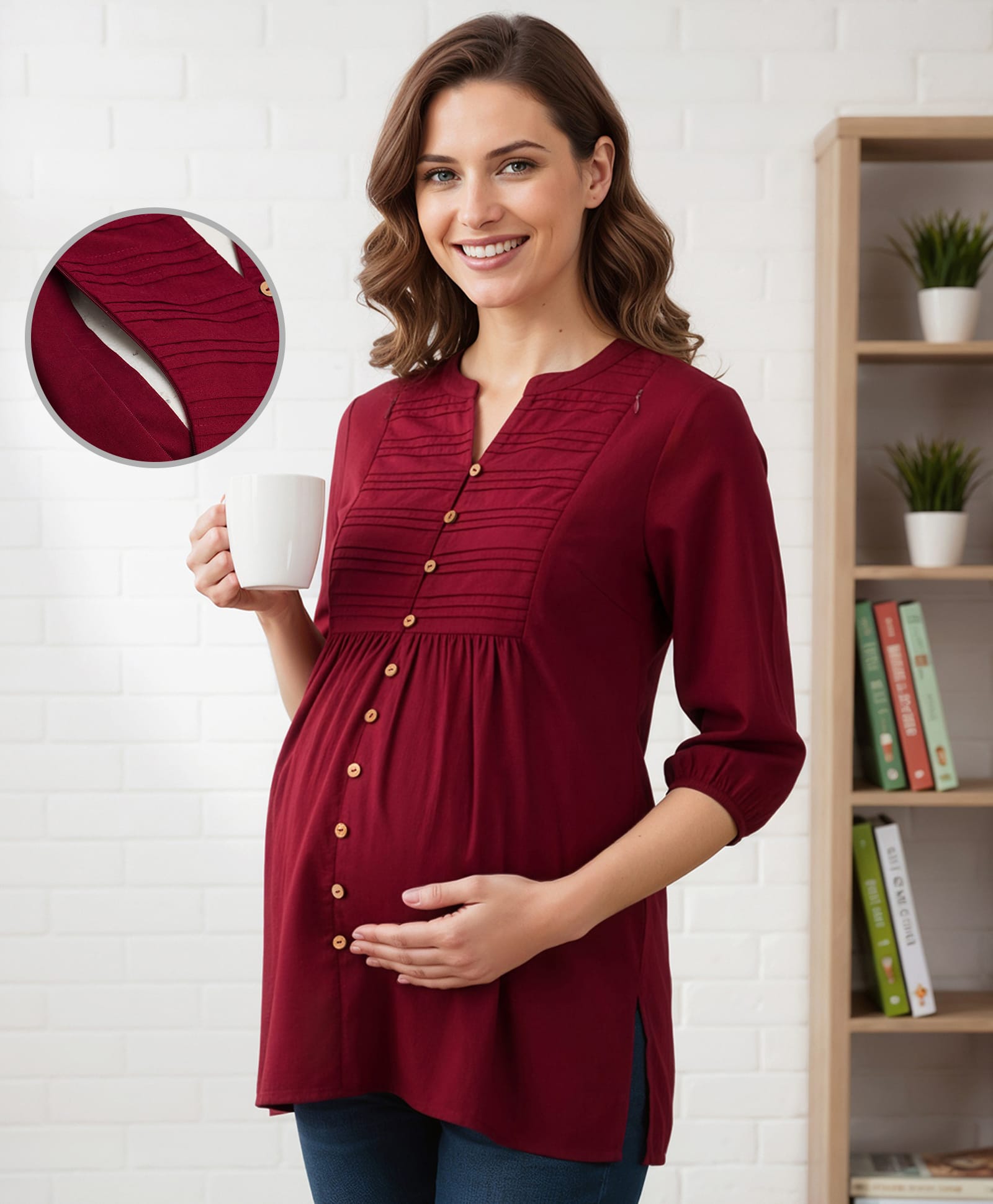 Bella Mama Woven Three Fourth Sleeves Solid Color Pleated Yoke Maternity Top - Maroon