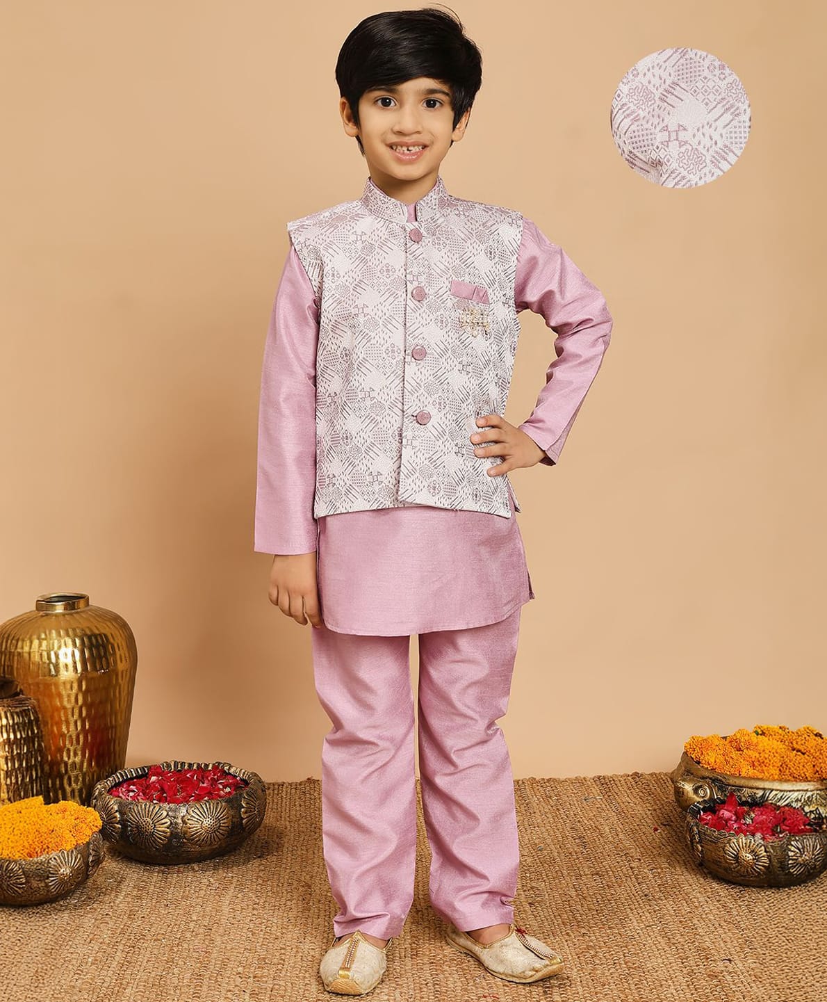 BT DEZINES Cotton Silk Woven Full Sleeves Solid Kurta & Pyjama Set With Abstract Textured Waistcoat - Lilac-picture-13
