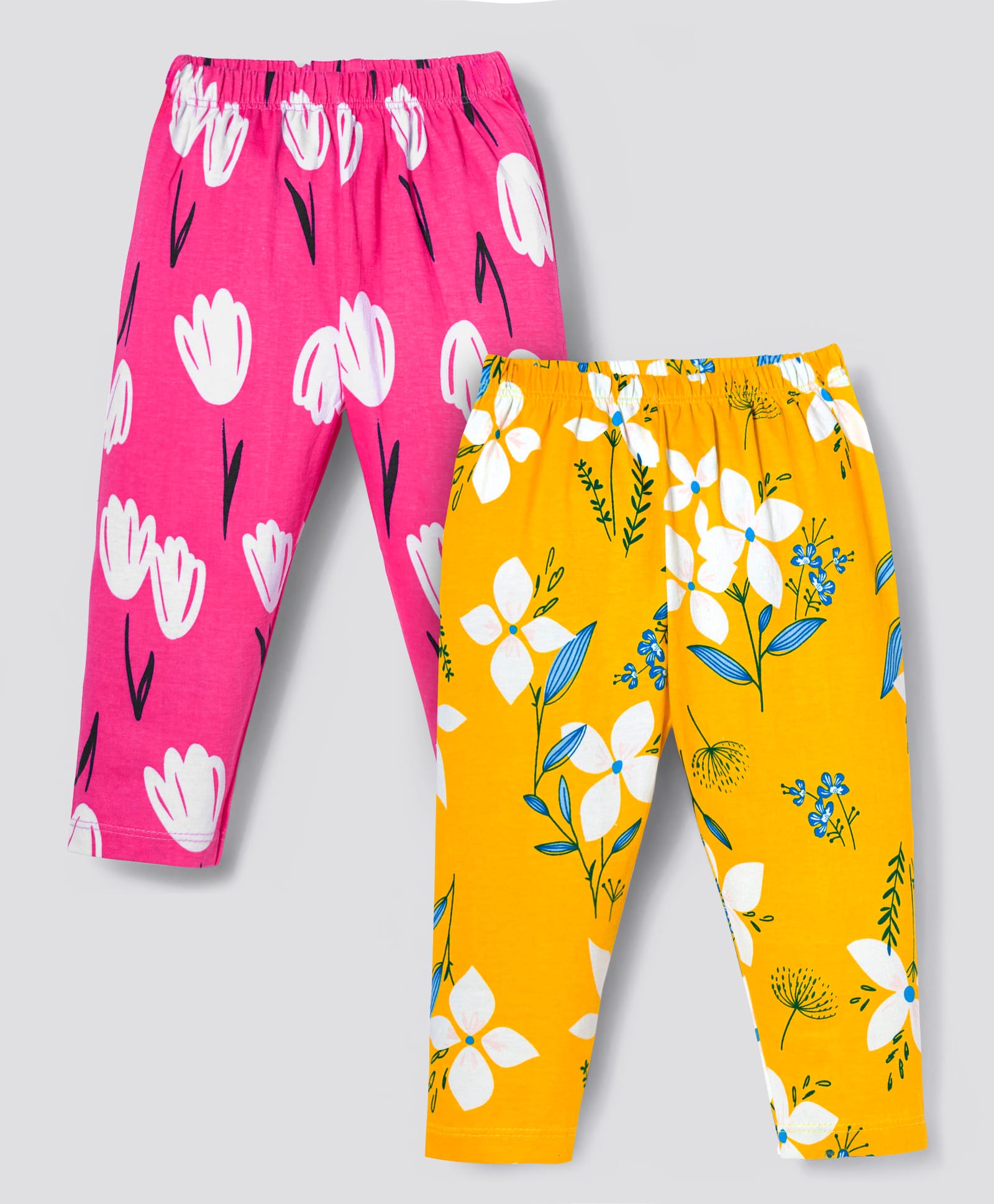 Simply Sinker Knit Full Length Leggings With Floral Print Pack Of 2 - Yellow & Pink-picture-12