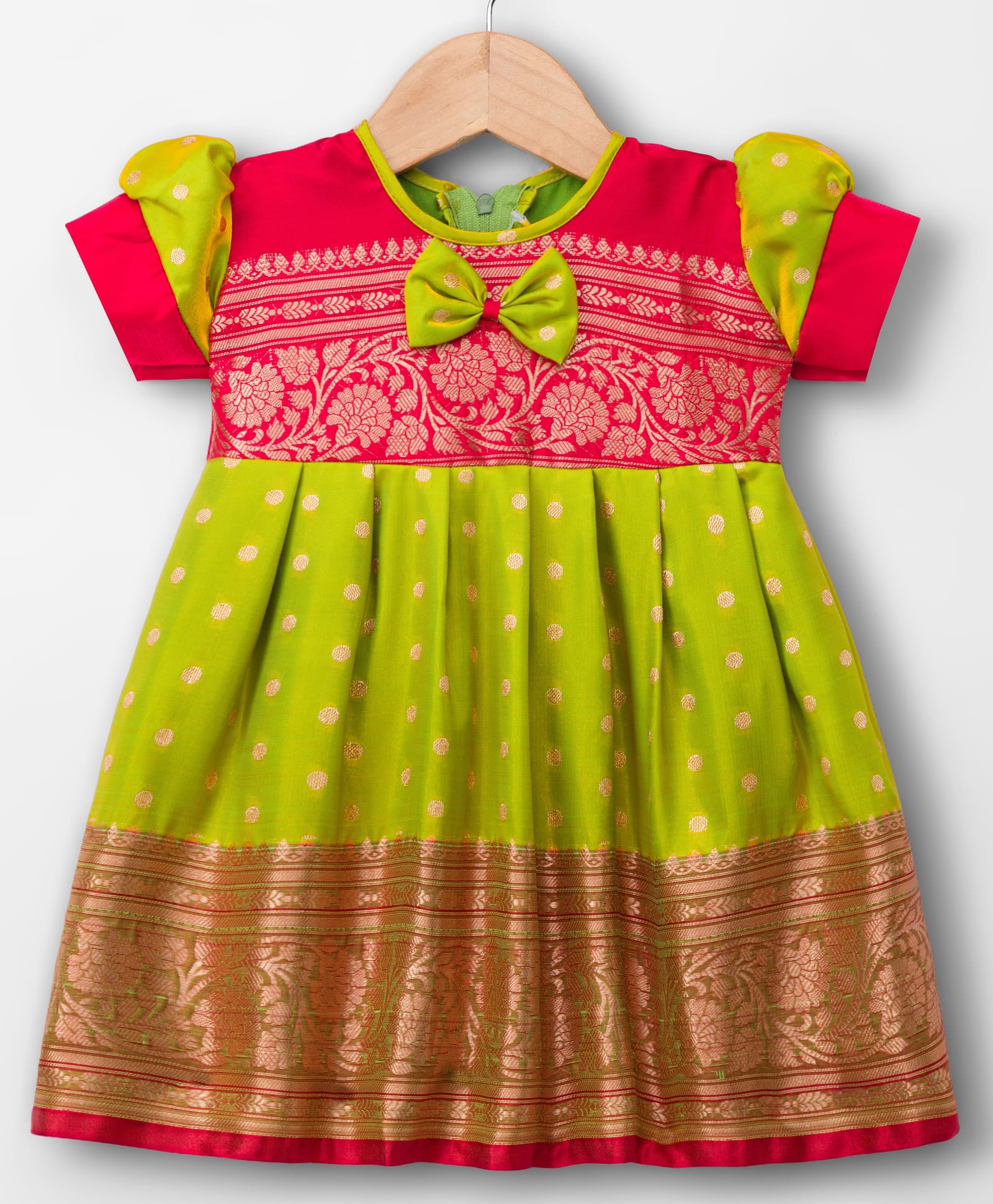 Bhartiya Paridhan Silk Woven Half Puffed Sleeves Frock with Zari Design & Bow Applique - Lime Green-image-24