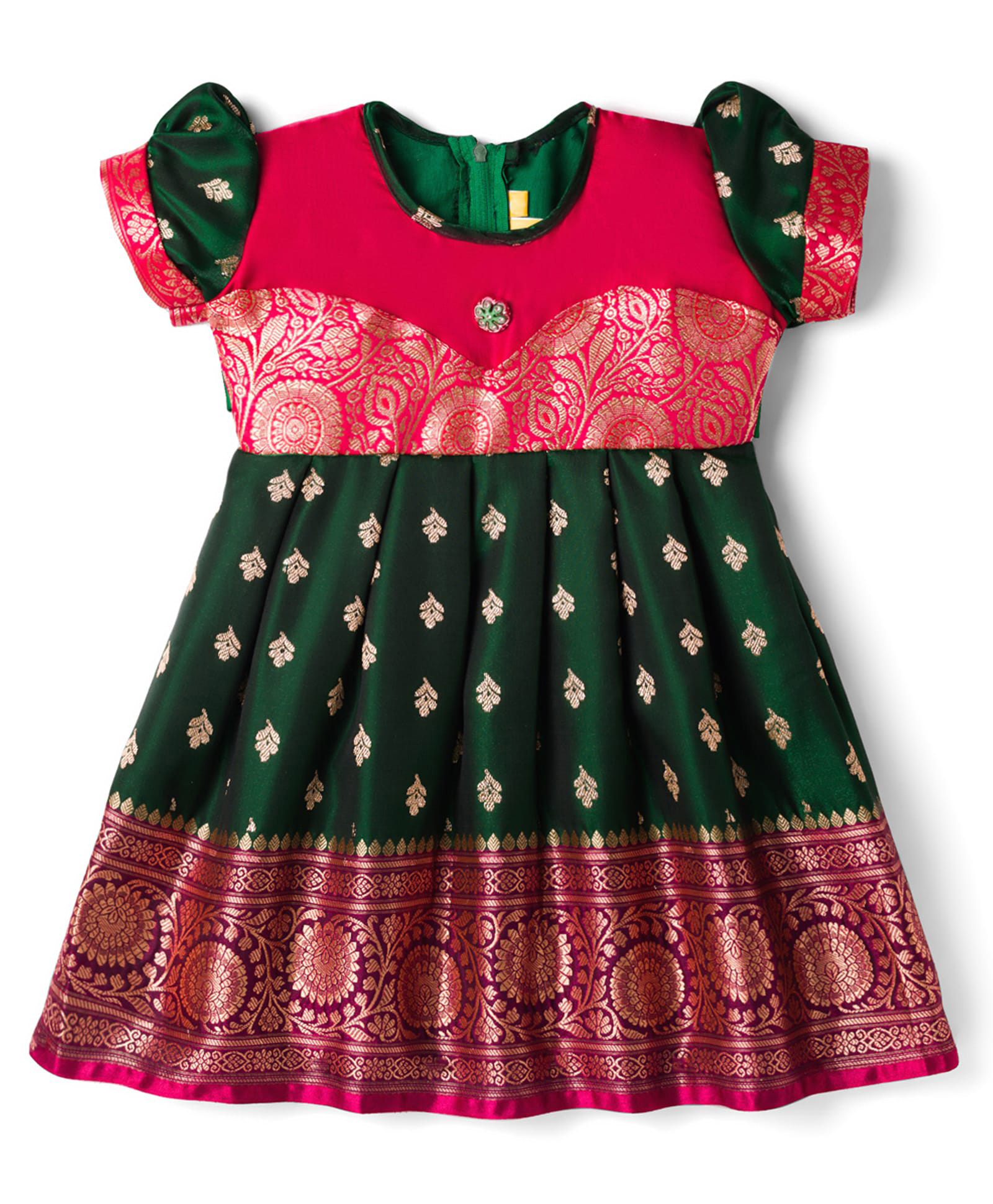 Bhartiya Paridhan Silk Woven Half Sleeves Ethnic Dress With Floral Foil Print - Green (Button Color May Vary)-image-21