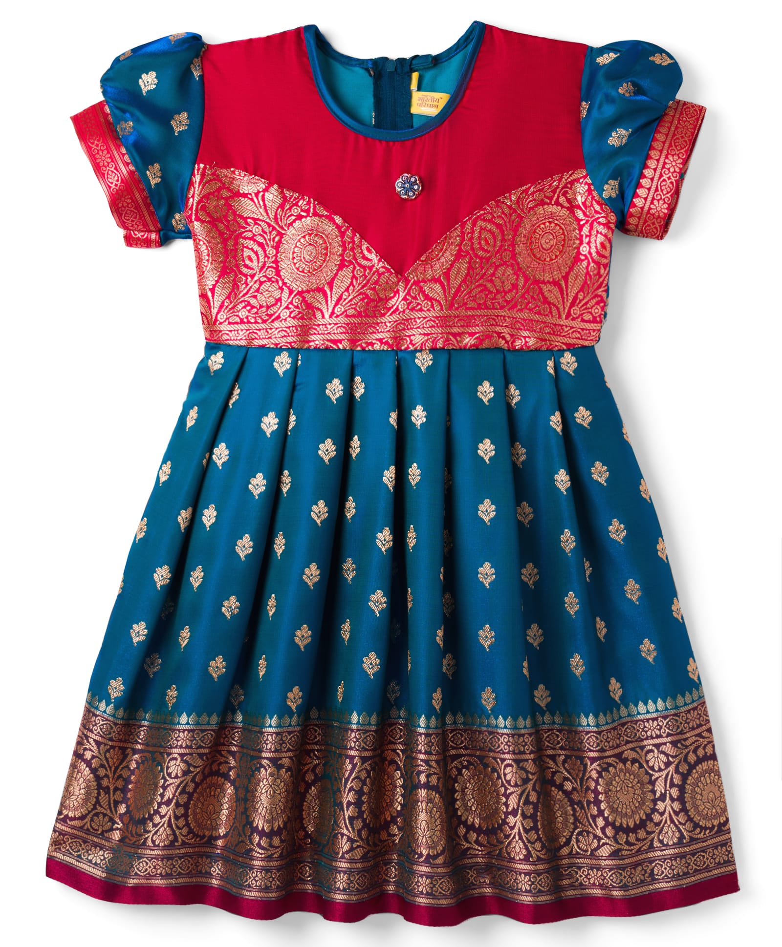 Bhartiya Paridhan Silk Woven Half Sleeves Ethnic Dress With Floral Foil Print - Blue-picture-25