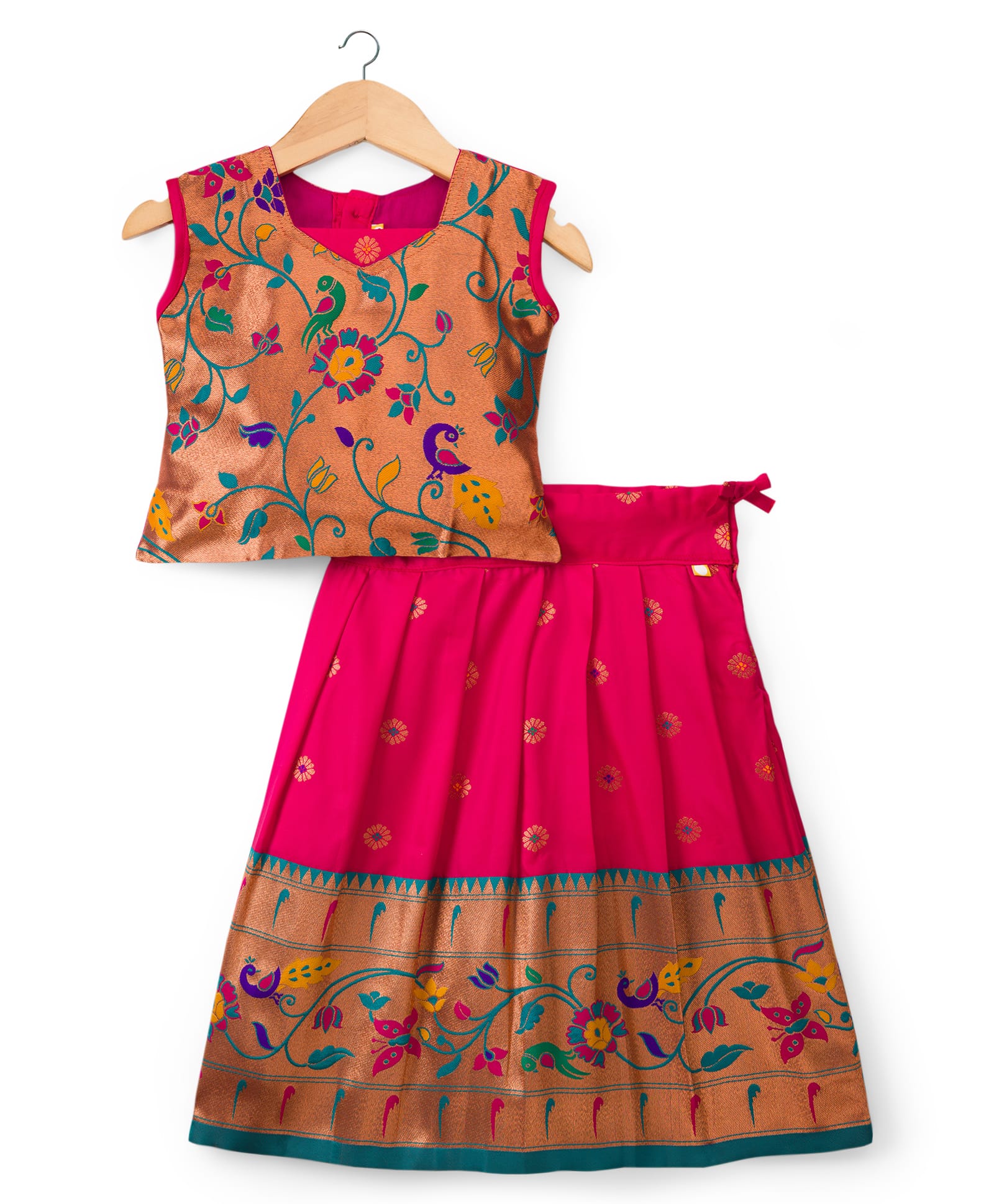 Bhartiya Paridhan Silk Woven Sleeveless Choli Lehenga Set With Floral Foil Print - Dark Pink-picture-26