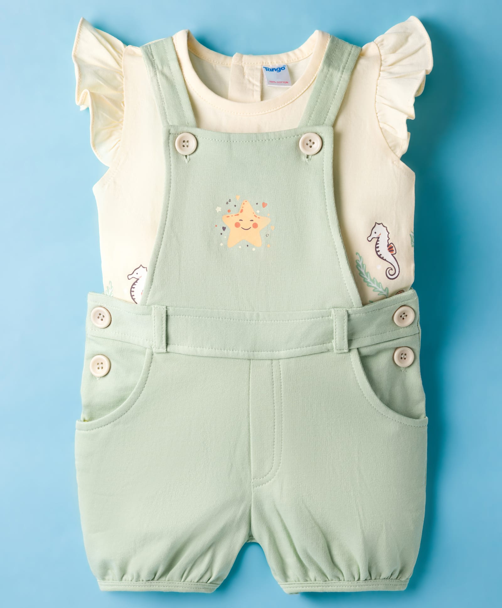 Tango Looper Knit Dungaree With Half Sleeves Sea Horse Printed Tee - Orange-picture-11