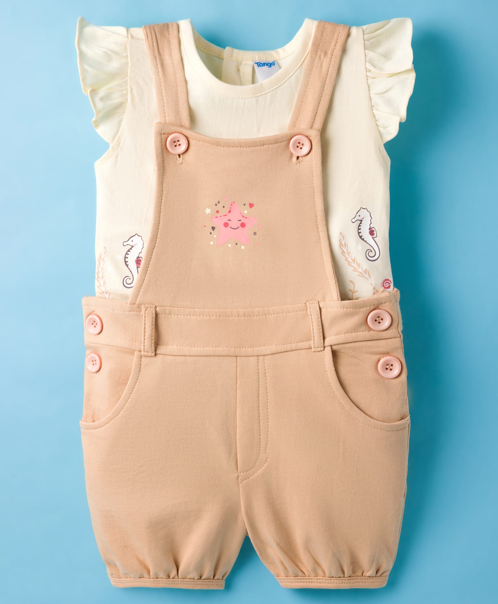 Tango Looper Knit Dungaree With Half Sleeves Sea Horse Printed Tee - Tan-image-19
