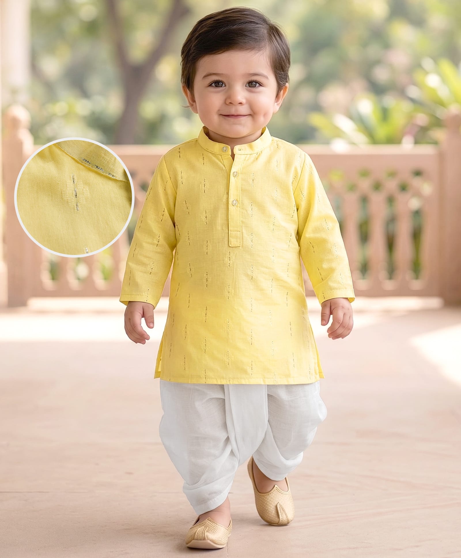 EARTHY TOUCH Cotton Woven Full Sleeves Printed Kurta Dhoti Set - Yellow & White-image-31