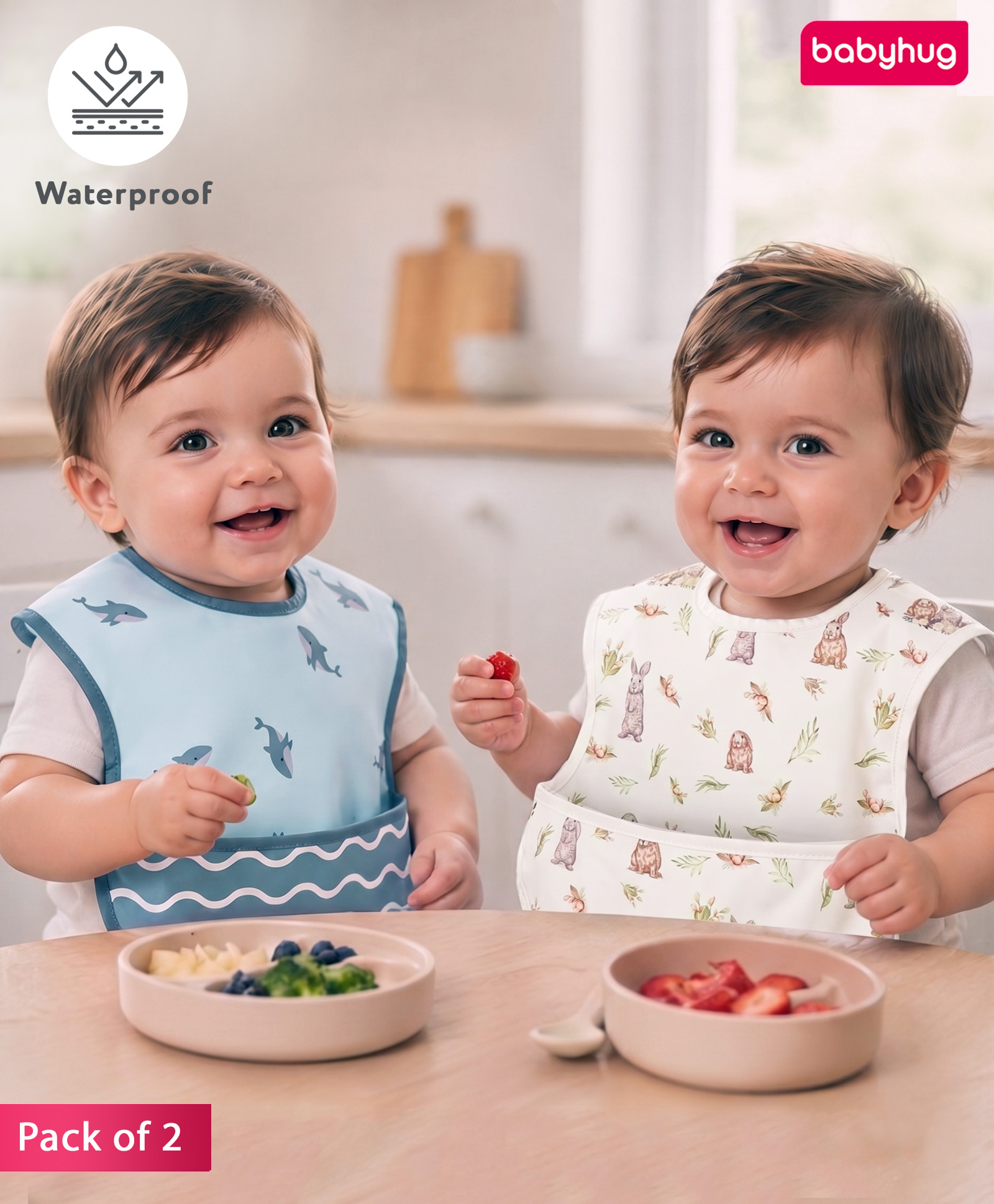 Babyhug Waterproof PU Sleeveless Feeding Bibs Pack of 2 - Bunny & Whale Print| Crumb Catcher Pocket| Easy Wipe Clean| Easy Velcro Closure| Weaning & Feeding Bibs| 0+ Months-image-6