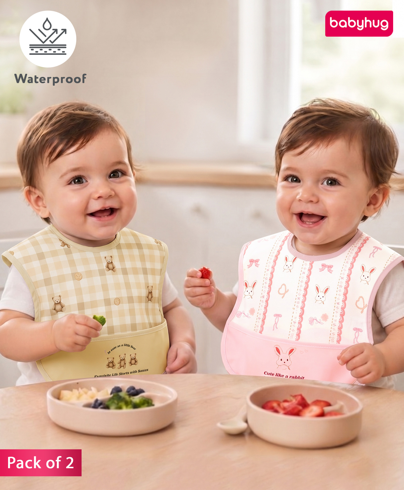Babyhug Waterproof PU Sleeveless Feeding Bibs Pack of 2 - Bunny & Teddy Print| Crumb Catcher Pocket| Easy Wipe Clean| Easy Velcro Closure| Weaning & Feeding Bibs| 0+ Months-image-11