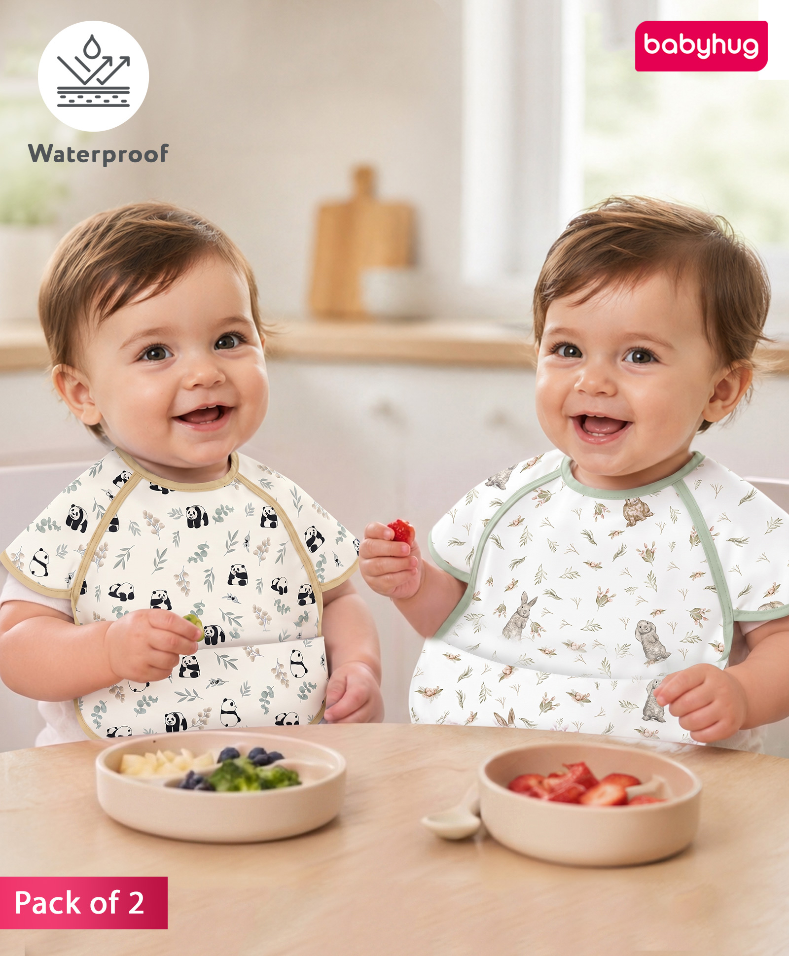 Babyhug Waterproof Polyester Half Sleeves Feeding Bibs Pack of 2 Bunny & Panda Print| Easy Velcro Closure| Crumb Catcher Pocket| Washable & Lightweight| 0+ Months-image-38