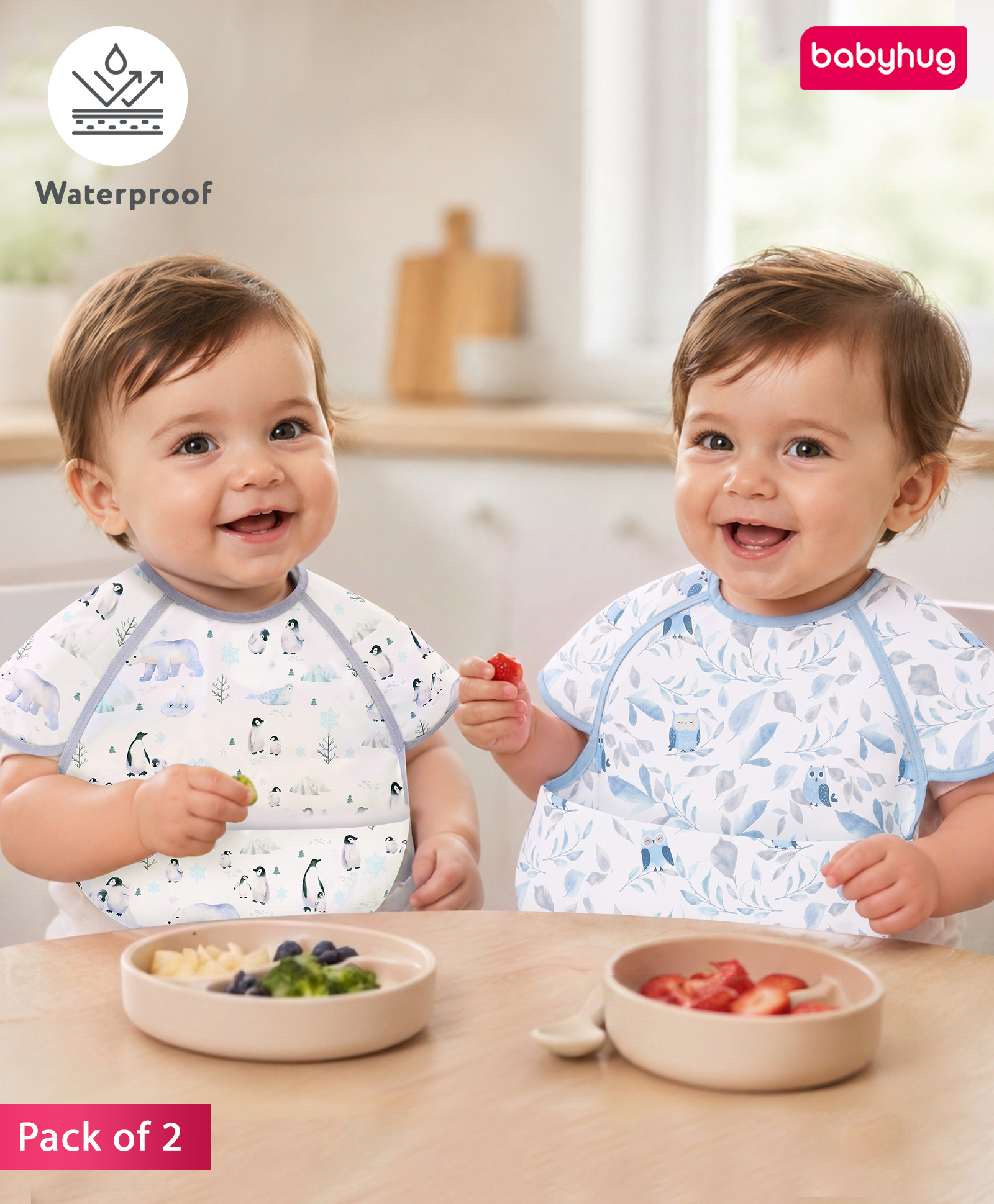 Babyhug Waterproof Polyester Half Sleeves Feeding Bibs Pack of 2 Owl & Penguin Print| Easy Velcro Closure| Crumb Catcher Pocket| Washable & Lightweight| 0+ Months-image-39
