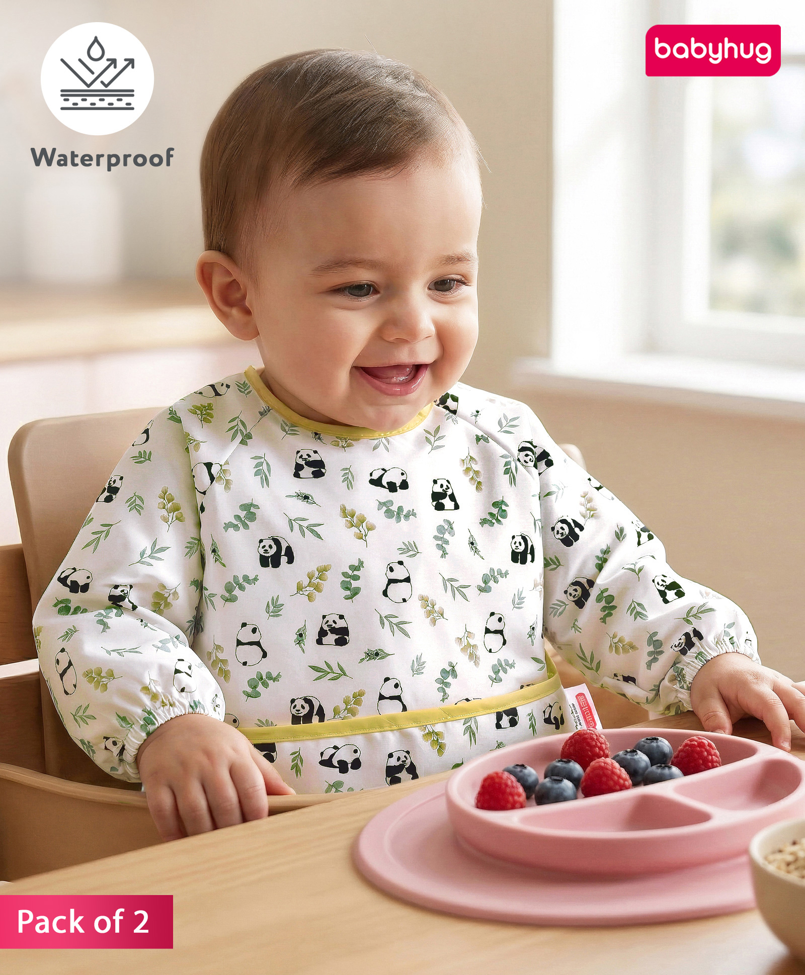 Babyhug Full Sleeve Waterproof Polyester Feeding Bib Panda Print| Long Sleeves| Crumb Catcher Pocket| Easy Velcro Closure| Mess-Free Feeding| 0+ Months-image-2