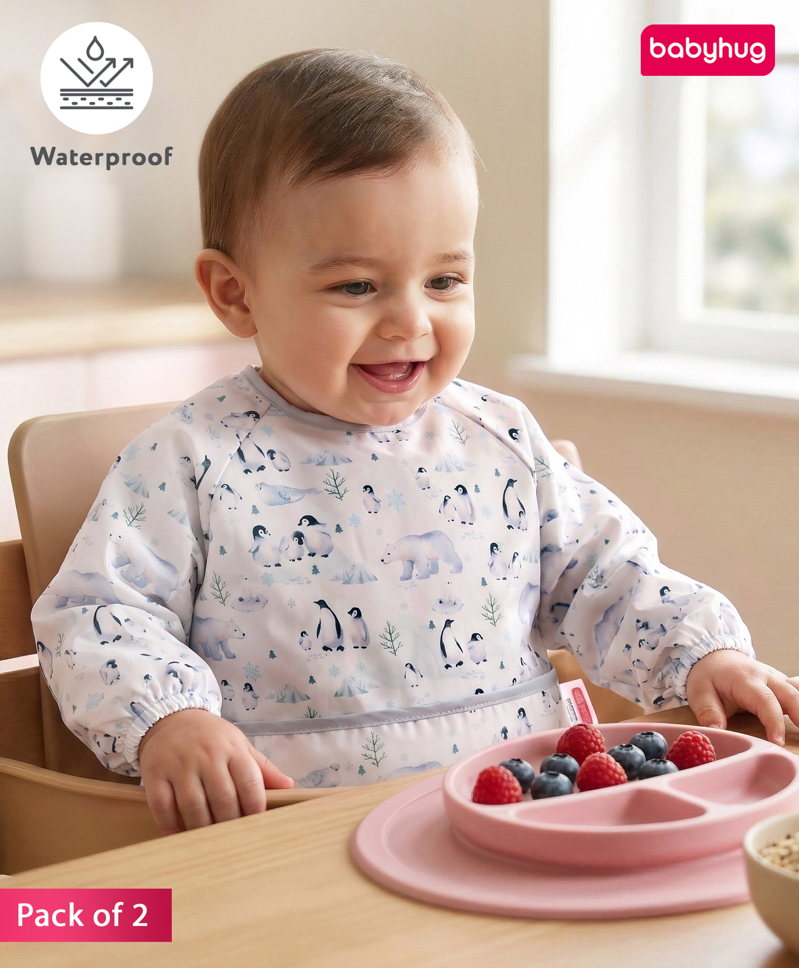 Babyhug Full Sleeve Waterproof Feeding Bib Penguin Print| Long Sleeve Coverage| Crumb Catcher Pocket| Easy Velcro Closure| Polyester| Mess-Free Feeding| 0+ Months-image-2