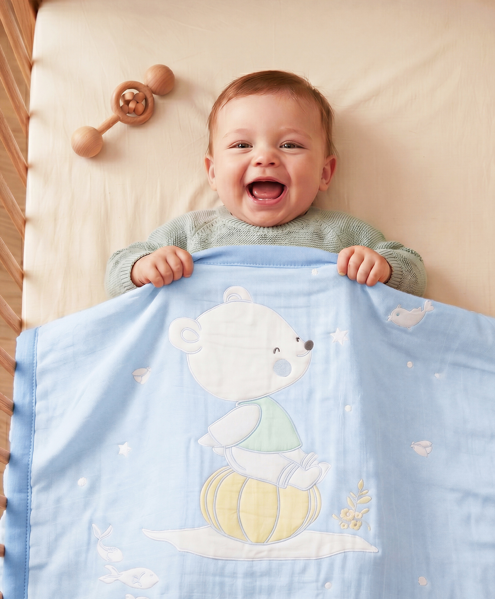 Babyhug 100% Pure Cotton Jacquard Gauze Baby Blanket Happy Bear Print - Blue| 10 Layer Quilting| Ultra Soft| Breathable & Absorbent| 0-24 Months| New Born Essential-image-34