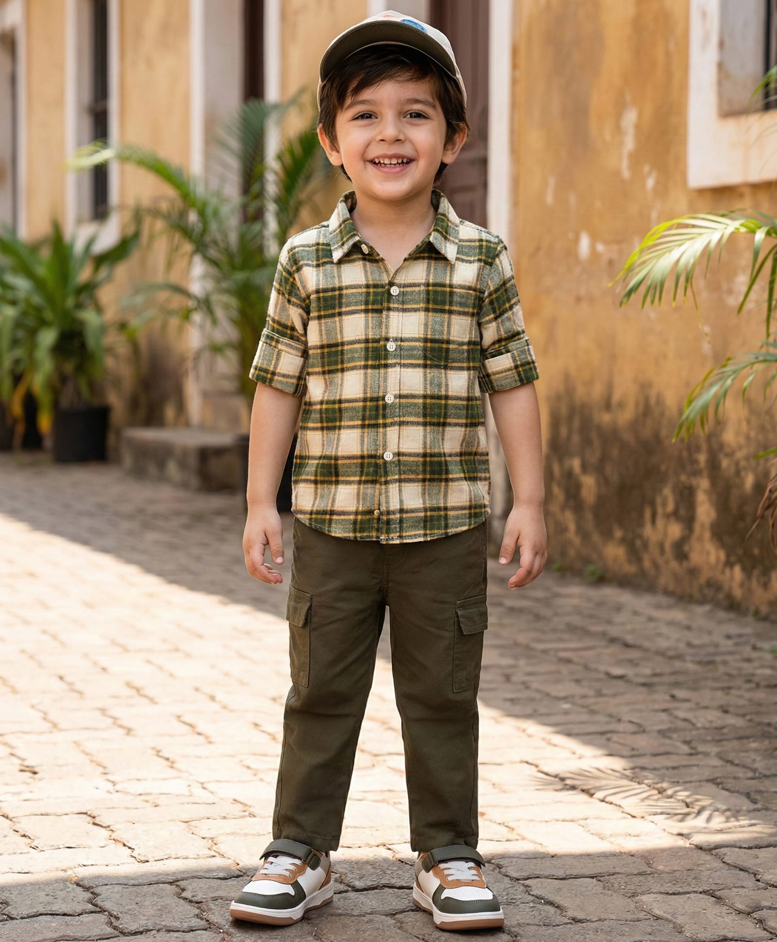 Babyhug Cotton Woven Full Sleeves Checkered Shirt & Trouser Set - Olive Green-picture-28