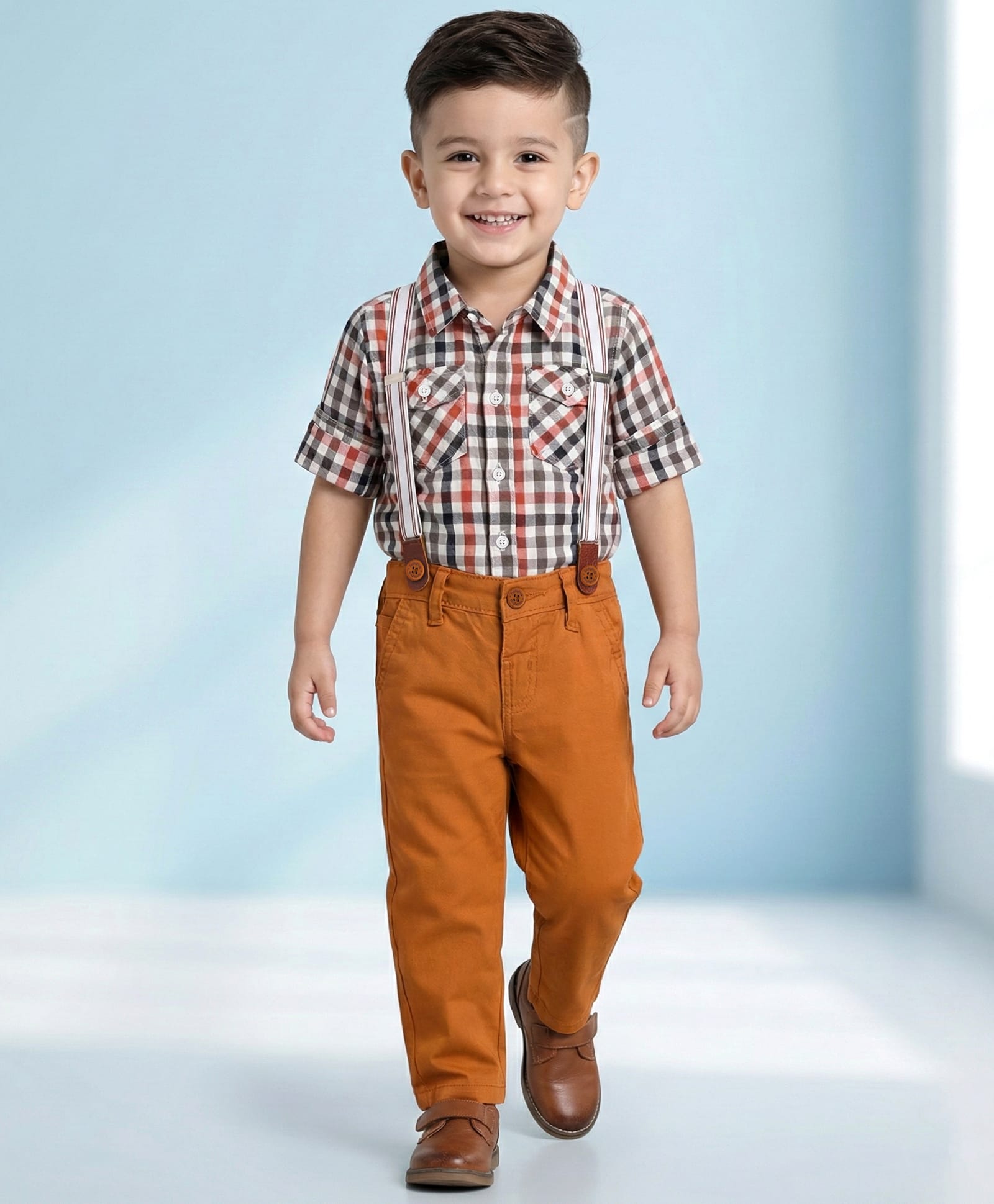 Babyhug Cotton Woven Full Sleeves Checkered Shirt & Trouser Set with Suspender - Mustard-image-28