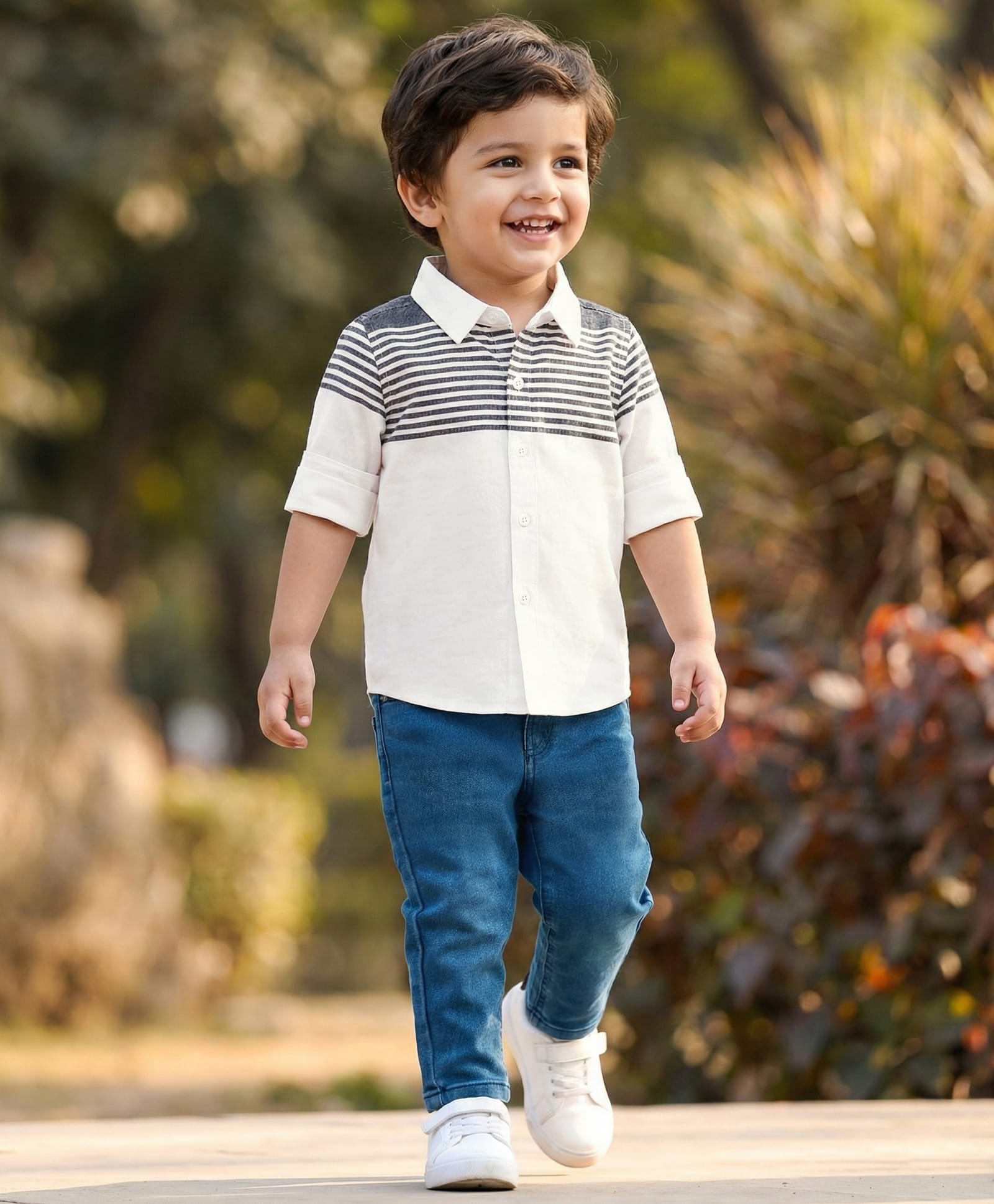 Babyhug Cotton Woven Full Sleeves Striped Shirt & Denim Jeans Set - Blue & White-image-2