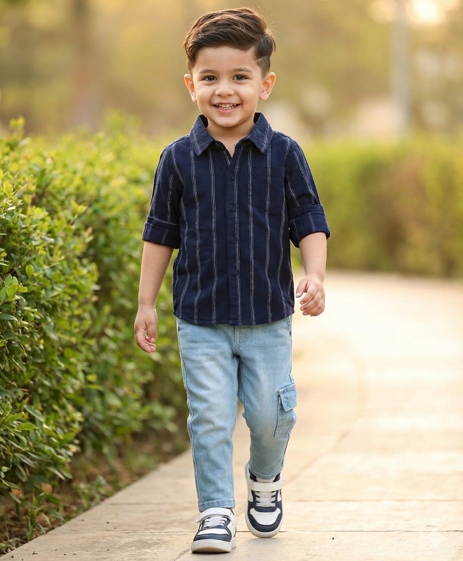 Babyhug Cotton Woven Full Sleeves Striped Shirt & Denim Jeans Set - Navy Blue-picture-14