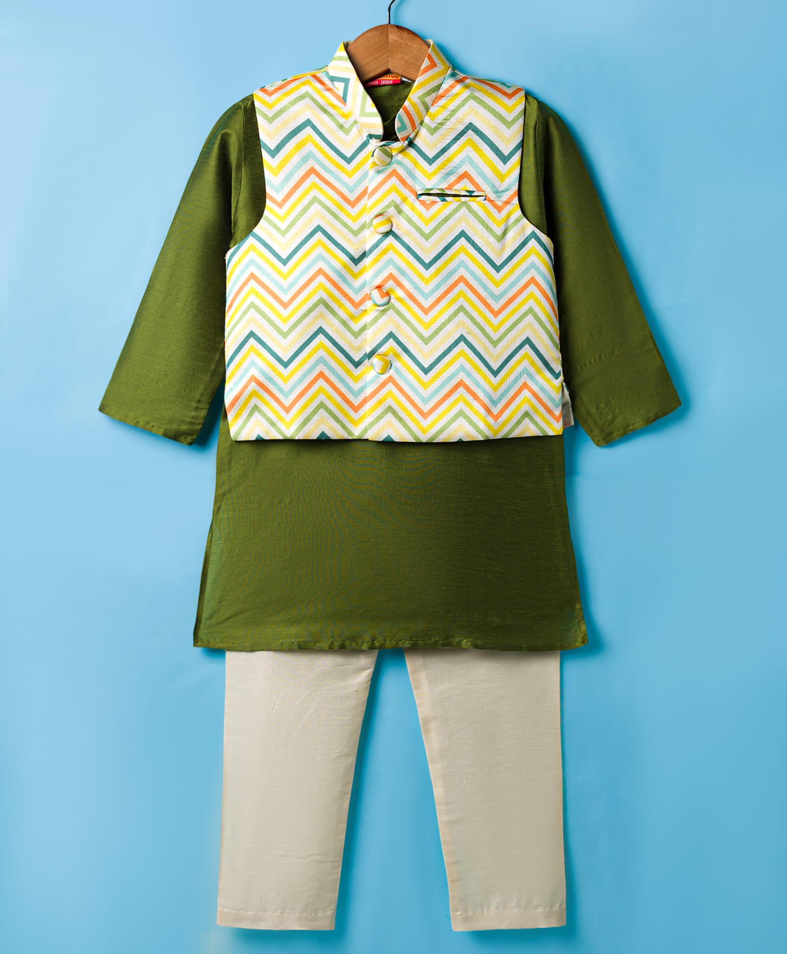 Exclusive from Jaipur Cotton Woven Full Sleeves Striped Kurta Pyjama Set with Jacket - Green & Beige-picture-11