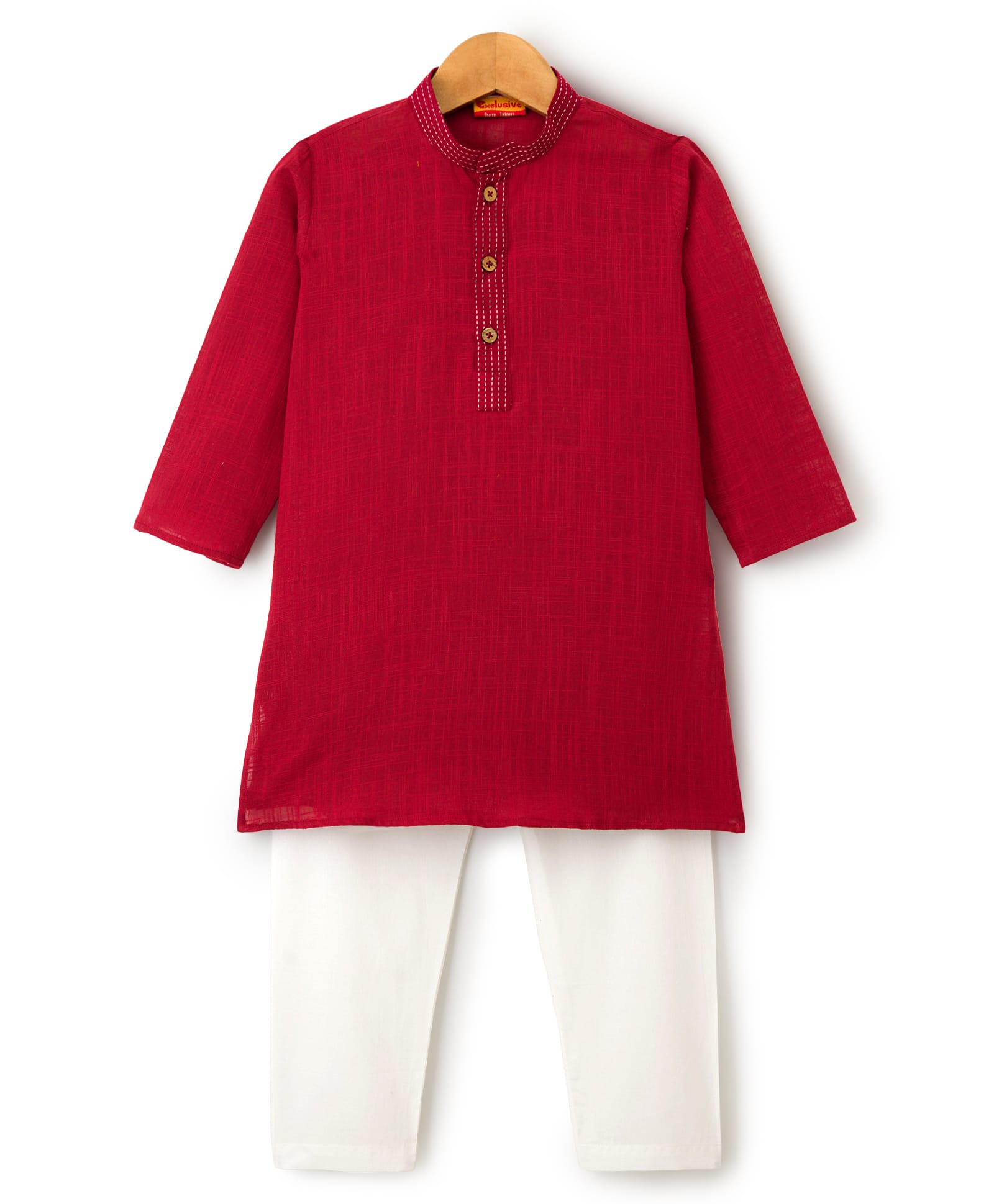 Exclusive from Jaipur Cotton Woven Full Sleeves Solid Colour Kurta Pyjama Set - Maroon-image-24
