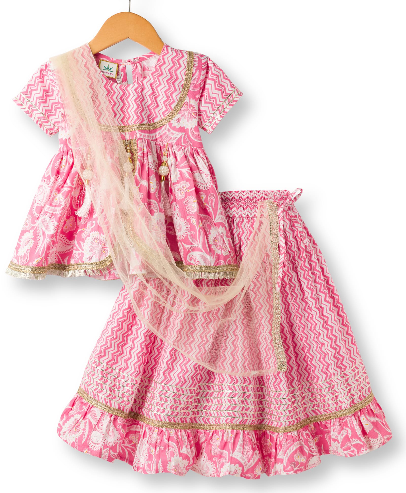 Teentaare Cotton Woven Half Sleeves Choli Lehenga Set with Dupatta & Floral Print - Pink-picture-11