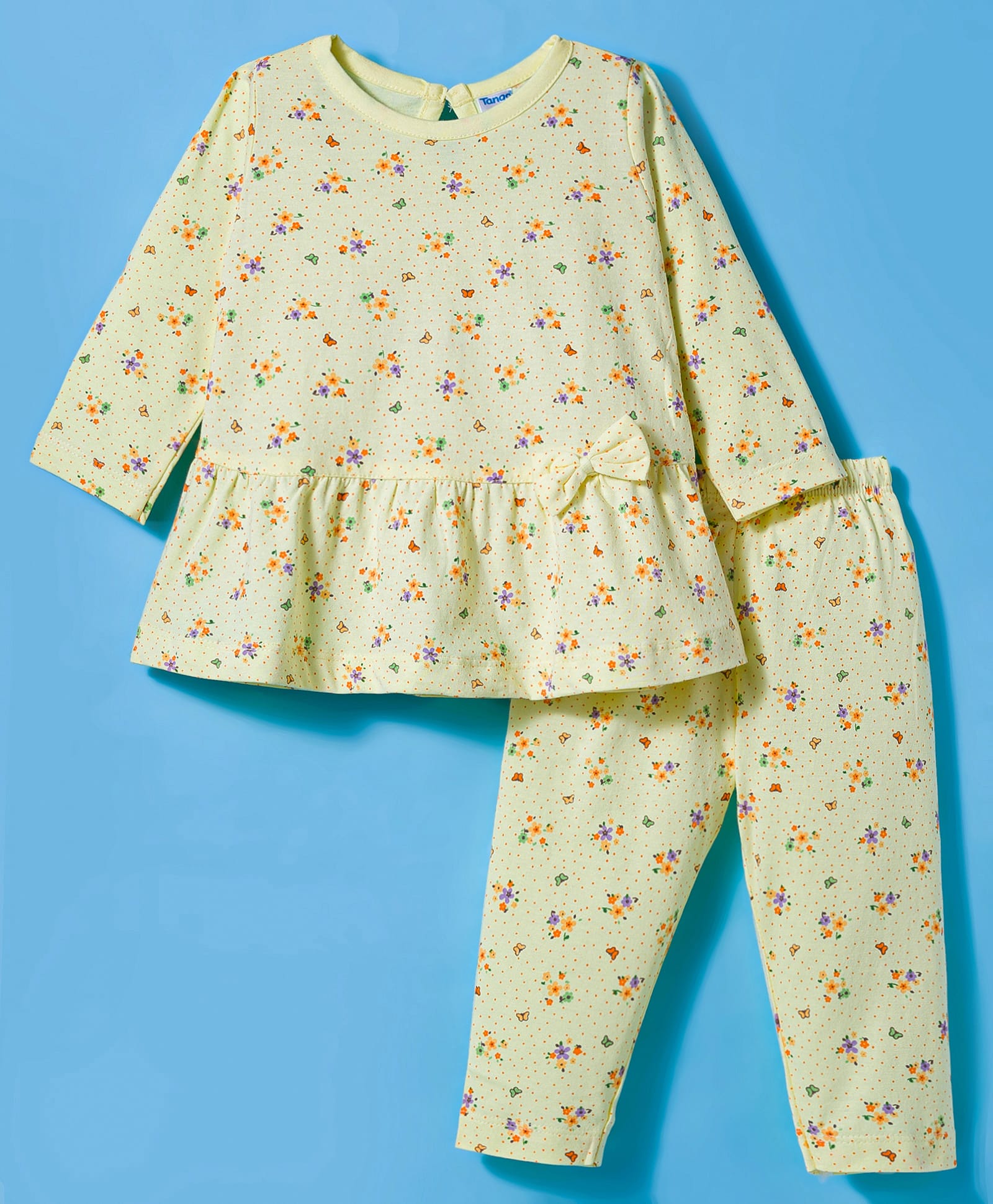Tango Single Jersey Knit Full Sleeves Night Suit with Floral Print & Bow Applique - Lemon Yellow-image-10