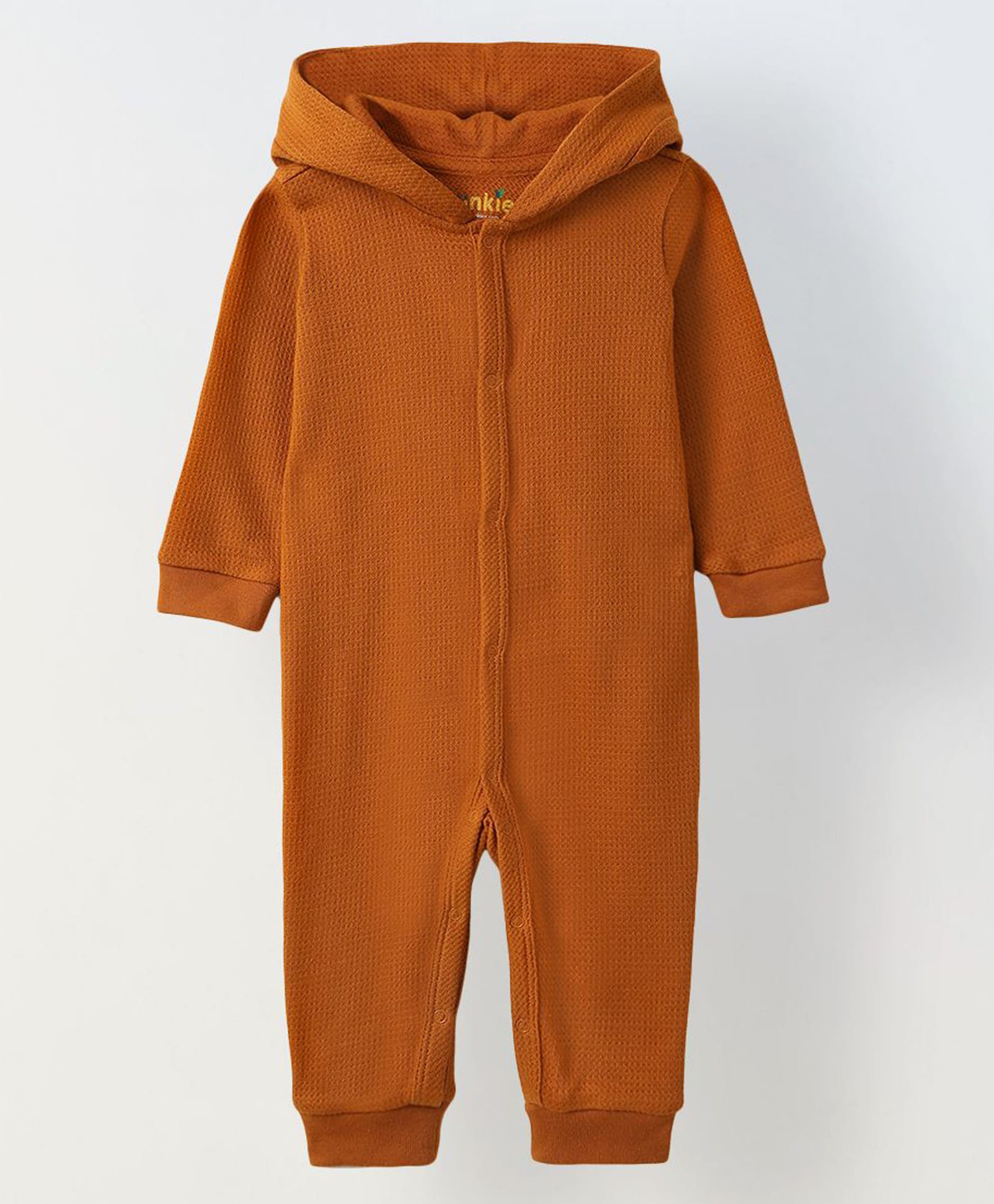 Spunkies Cotton Knit Full Sleeves Solid Hooded Romper - Rust Orange-image-11