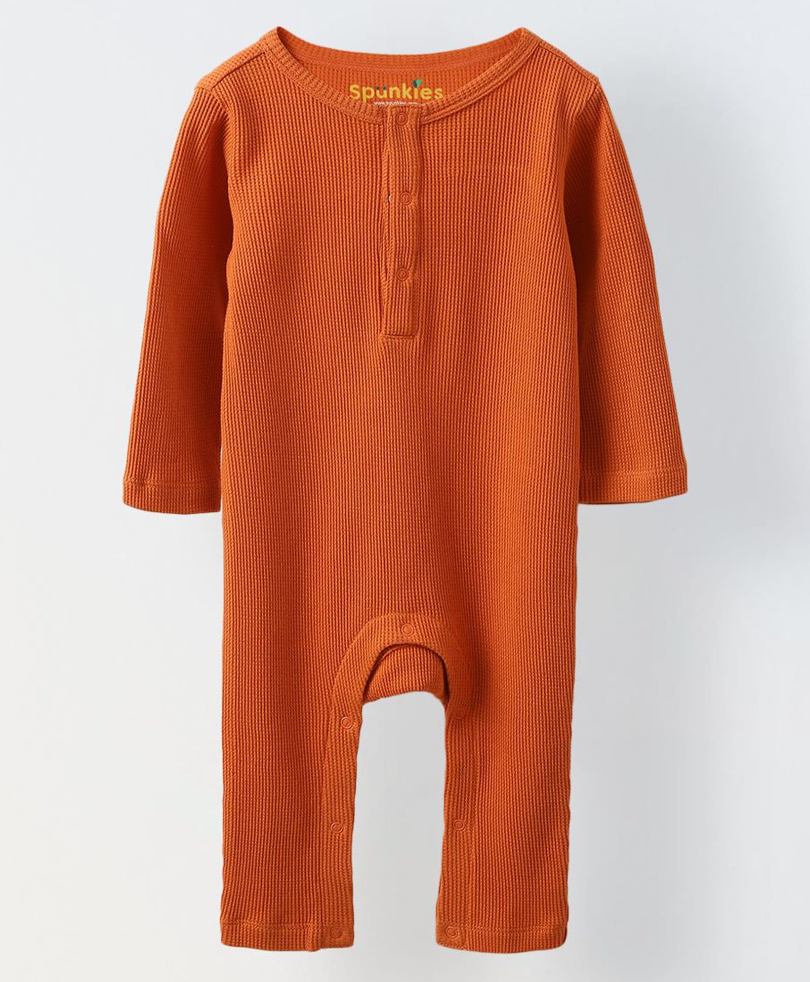 Spunkies Cotton Knit Full Sleeves Solid Romper - Rust Orange-image-13