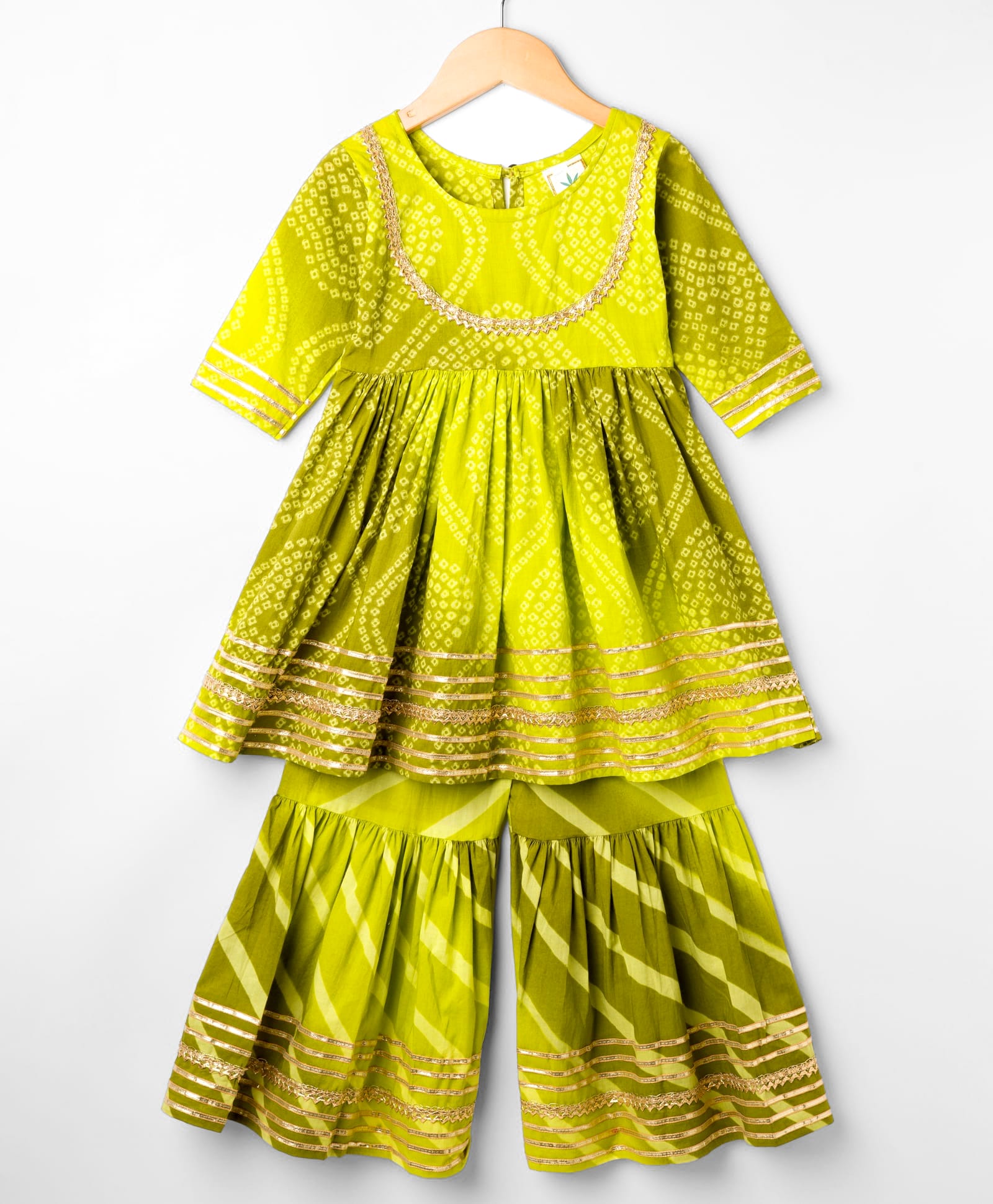 TEENTAARE Cotton Woven Three Fourth Sleeves Printed Kurta Gharara Set - Lime Green-image-12