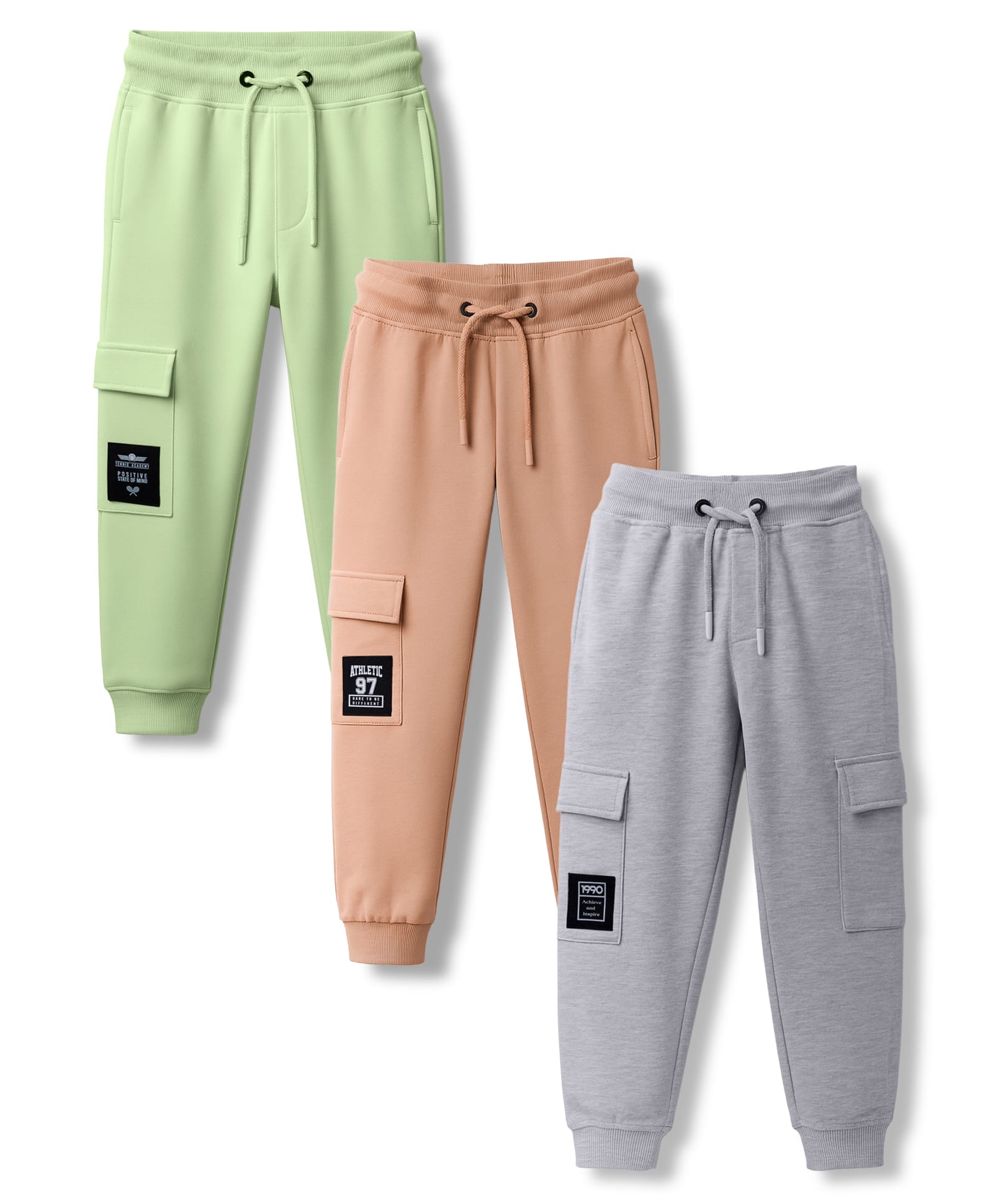 Primo Gino Cotton Knit Full Length French Terry Lounge Pant With Text Badge Pack Of 3 - Green Beige & Melange-image-1
