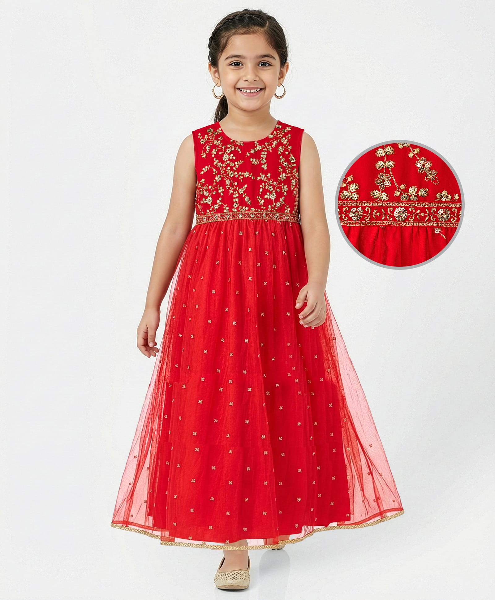 EARTHY TOUCH Woven Sleeveless Ethnic Dress With Floral Embriodery - Red-image-24