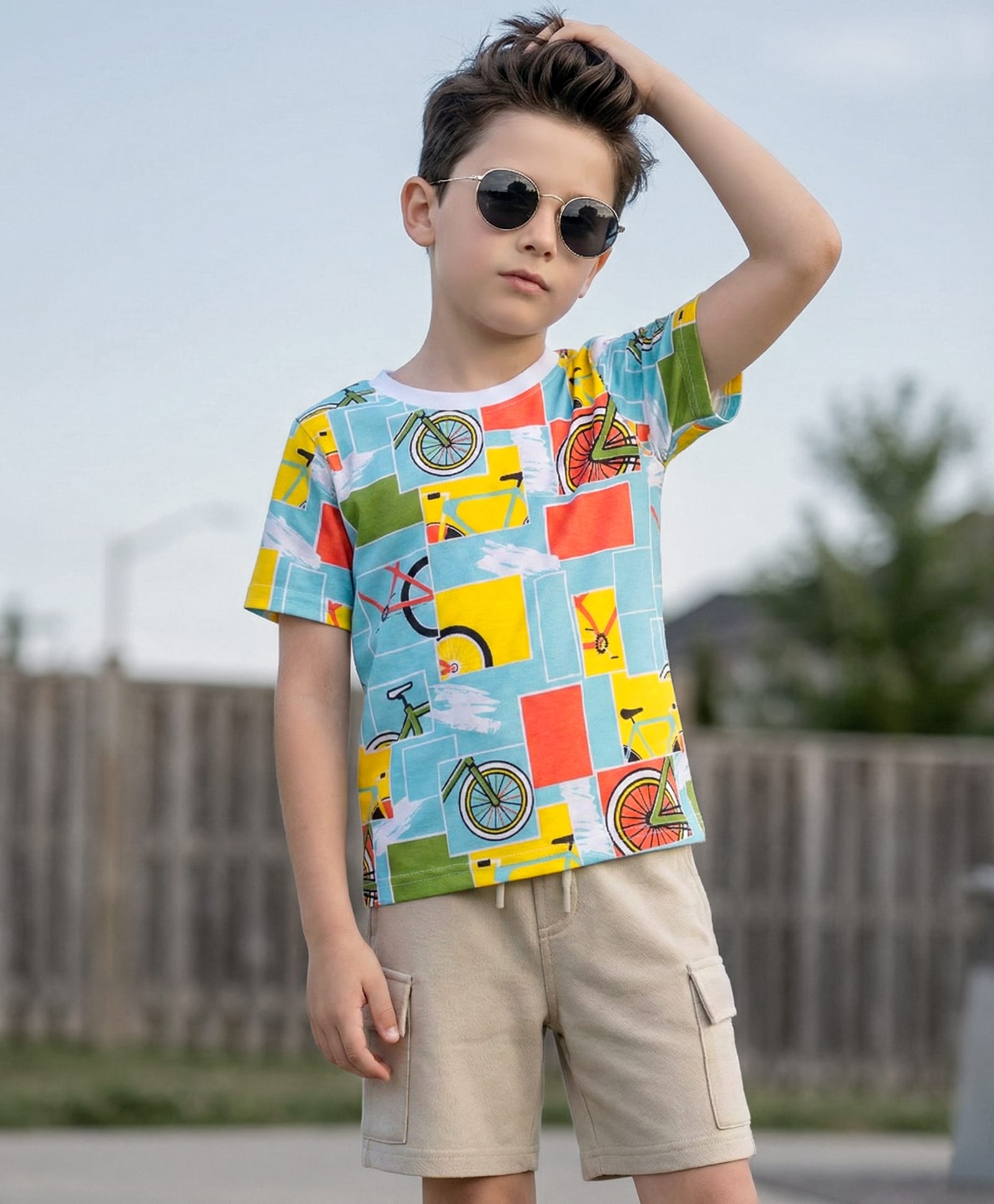 OLLINGTON ST. Cotton Knit Half Sleeves Printed T-Shirt & Shorts Set - Multicolor & Beige-image-33