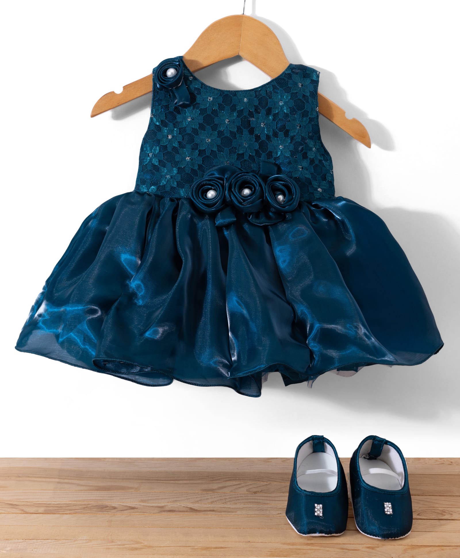 Bluebell Cotton Woven Sleeveless Floral Embroidered Frock With Corsage & Booties - Teal Blue-image-25