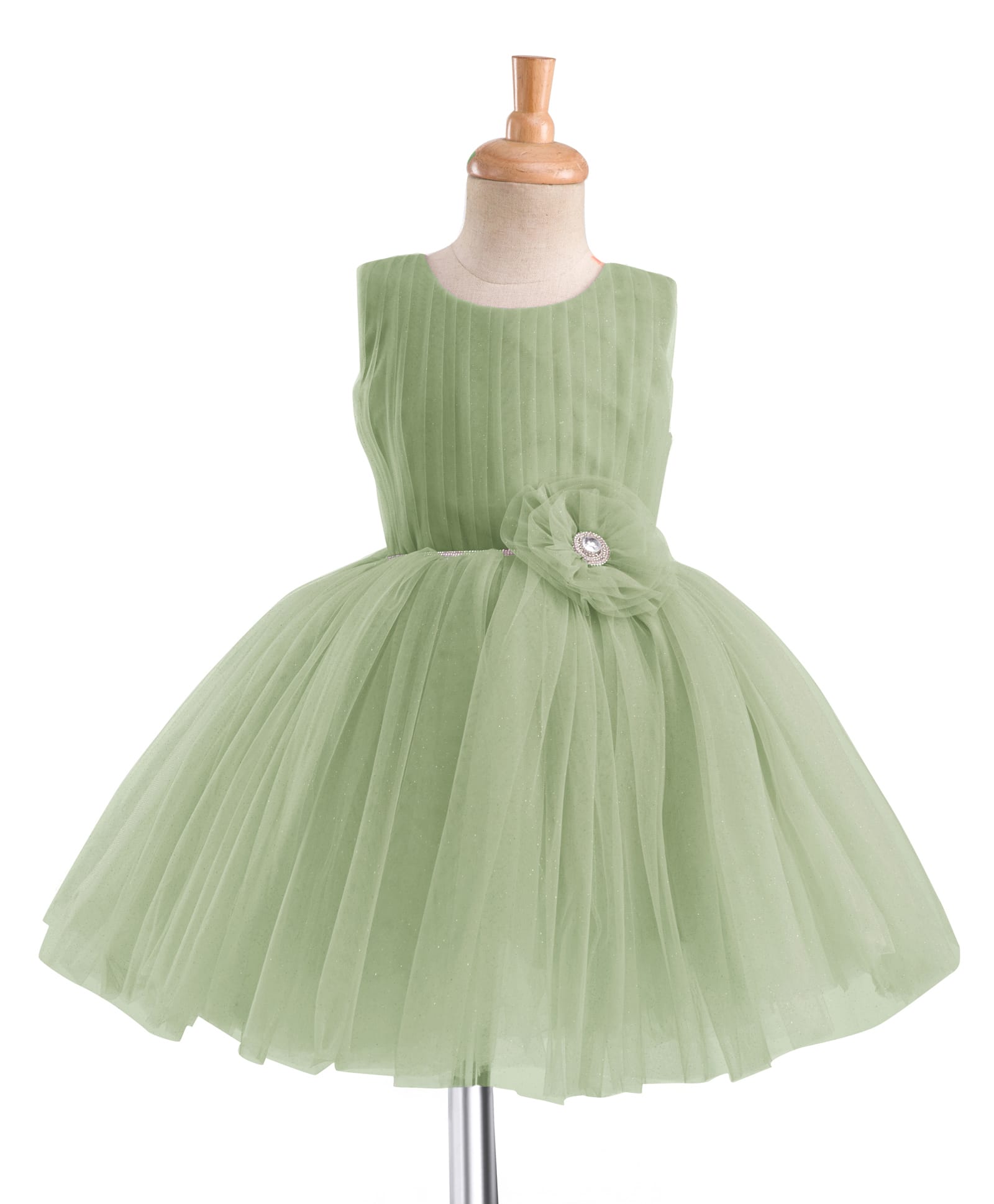 Bluebell Net Woven Sleeveless Dress With Floral Applique - Green-image-15