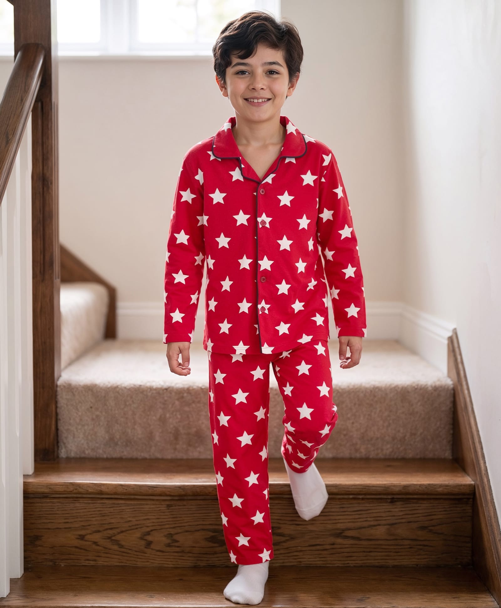 Kookie Kids Single Jersey Knit Full Sleeves Star Printed Co-Ord Shirts & Pyjama Night Suit - Red-image-18