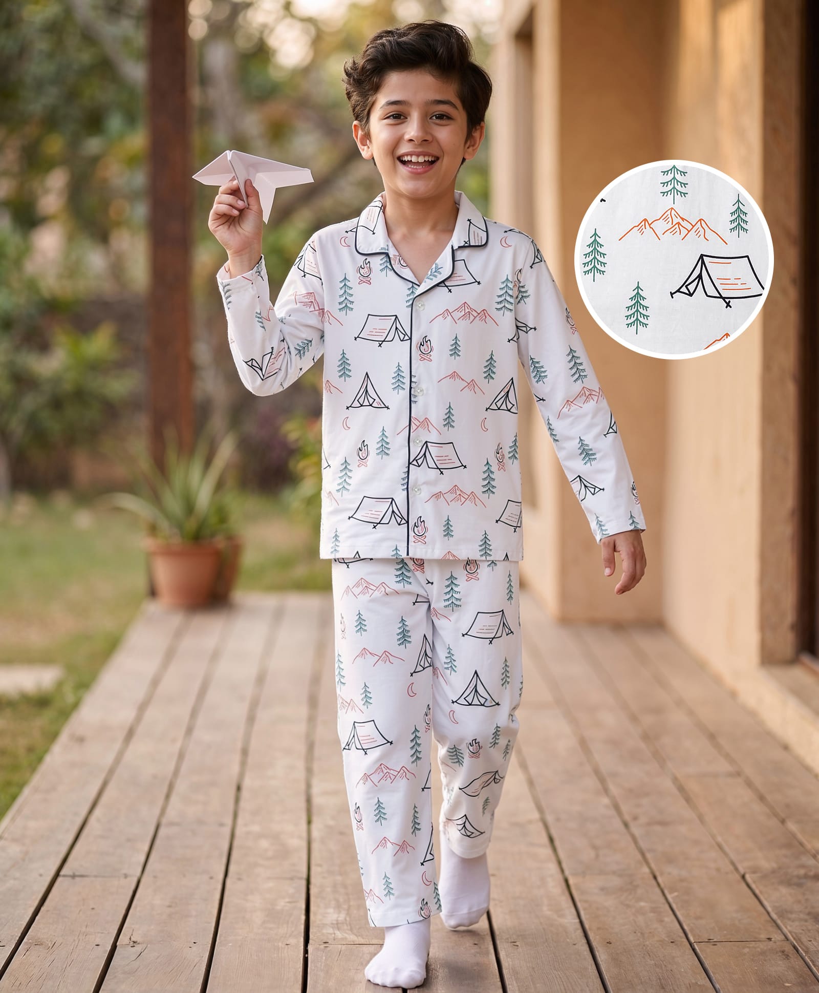 Kookie Kids Single Jersey Knit Full Sleeves Mountains Printed Co-Ord Shirt & Pyjama Night Suit - Offwhite-image-12