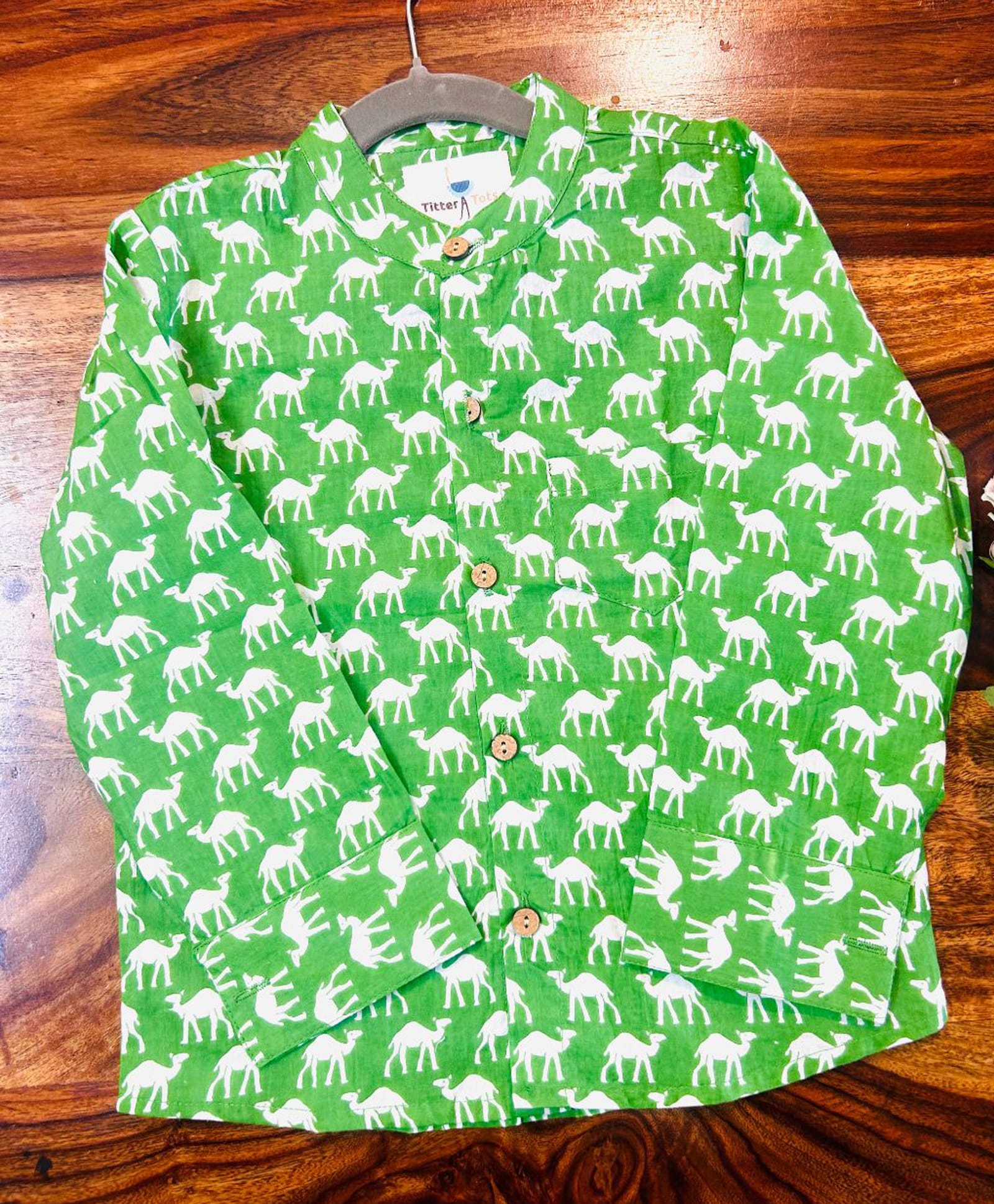 Tittertots Pure Cotton Woven Full Sleeves Camel Printed Shirt - Green-image-8