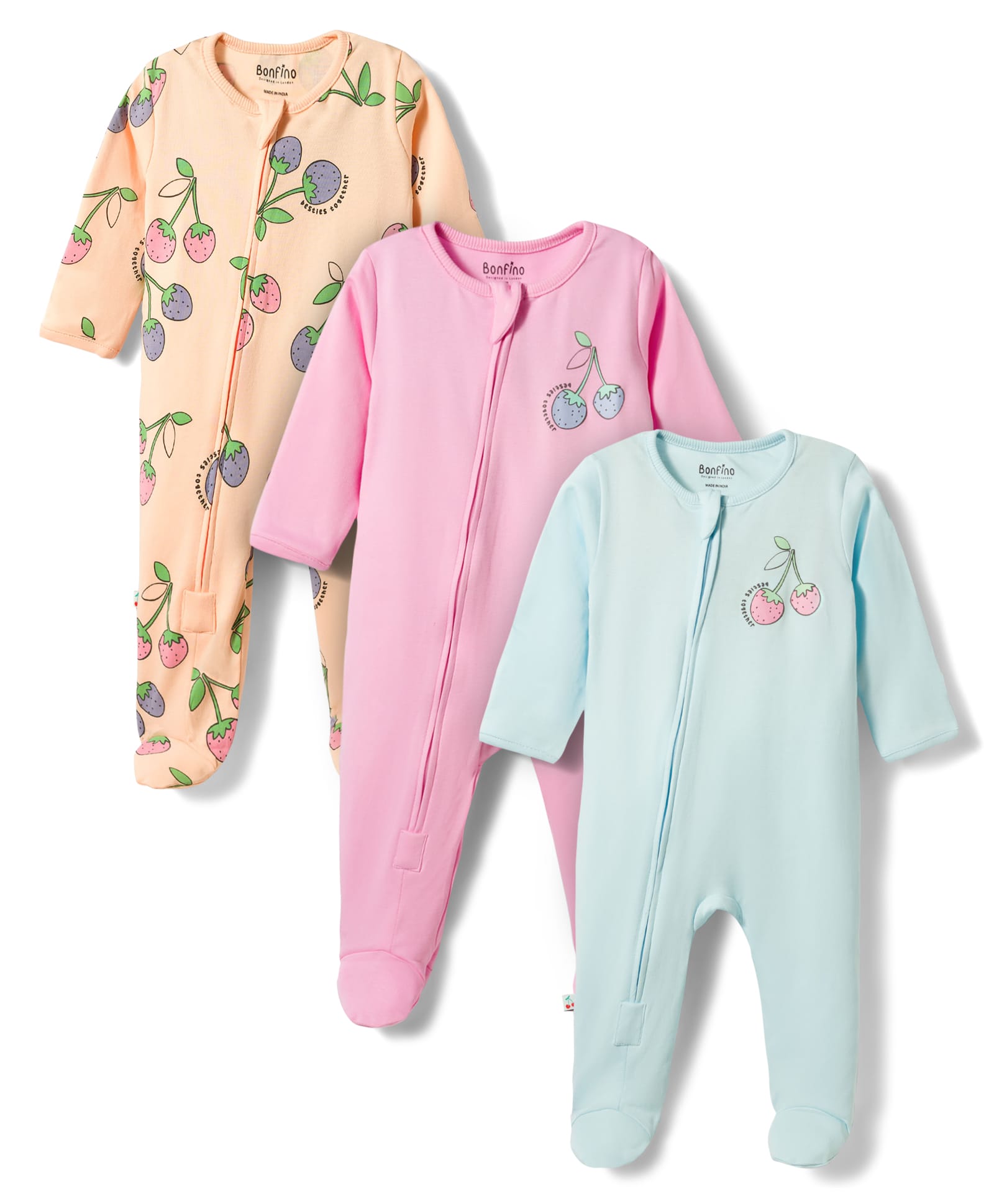 Bonfino 100% Cotton Knit Full Sleeves Footed Sleep Suits With Cherry Print Pack of 3 - Multicolor-picture-49