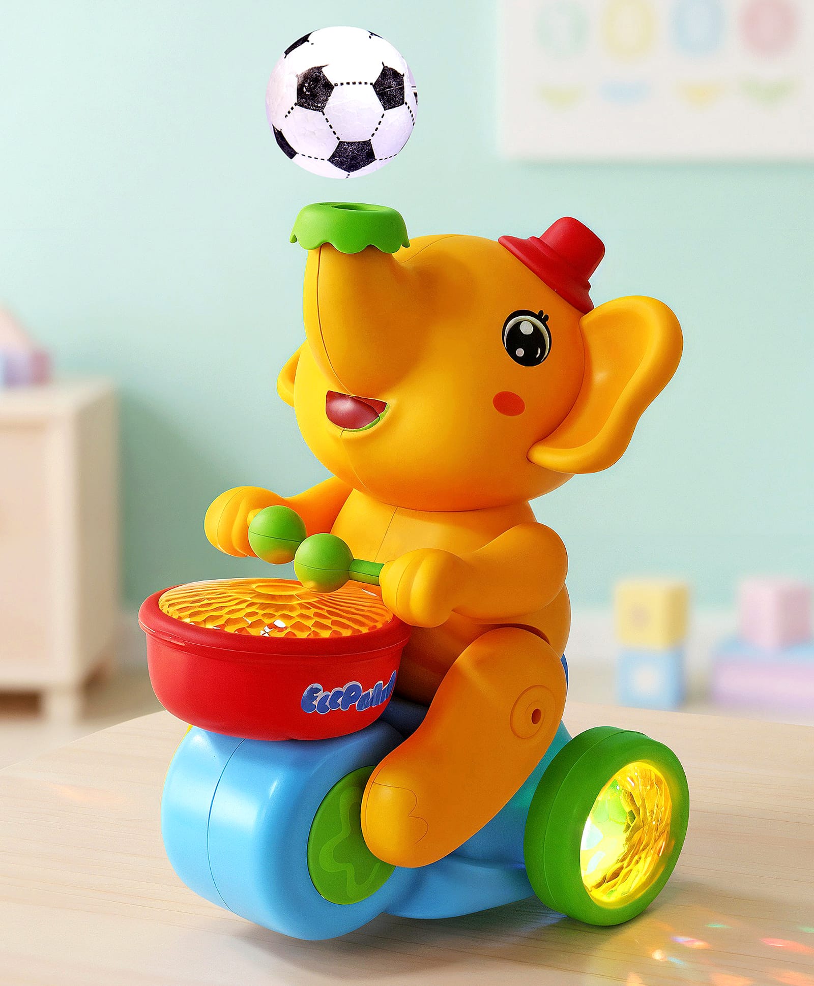 Musical Walking Elephant Drummer with Blowing Ball Toy - Yellow| Flashing LED Lights and Music| Battery Operated| Bump and Go| Beating Drum Toy|BIS Certified| Toddler Gifting Option