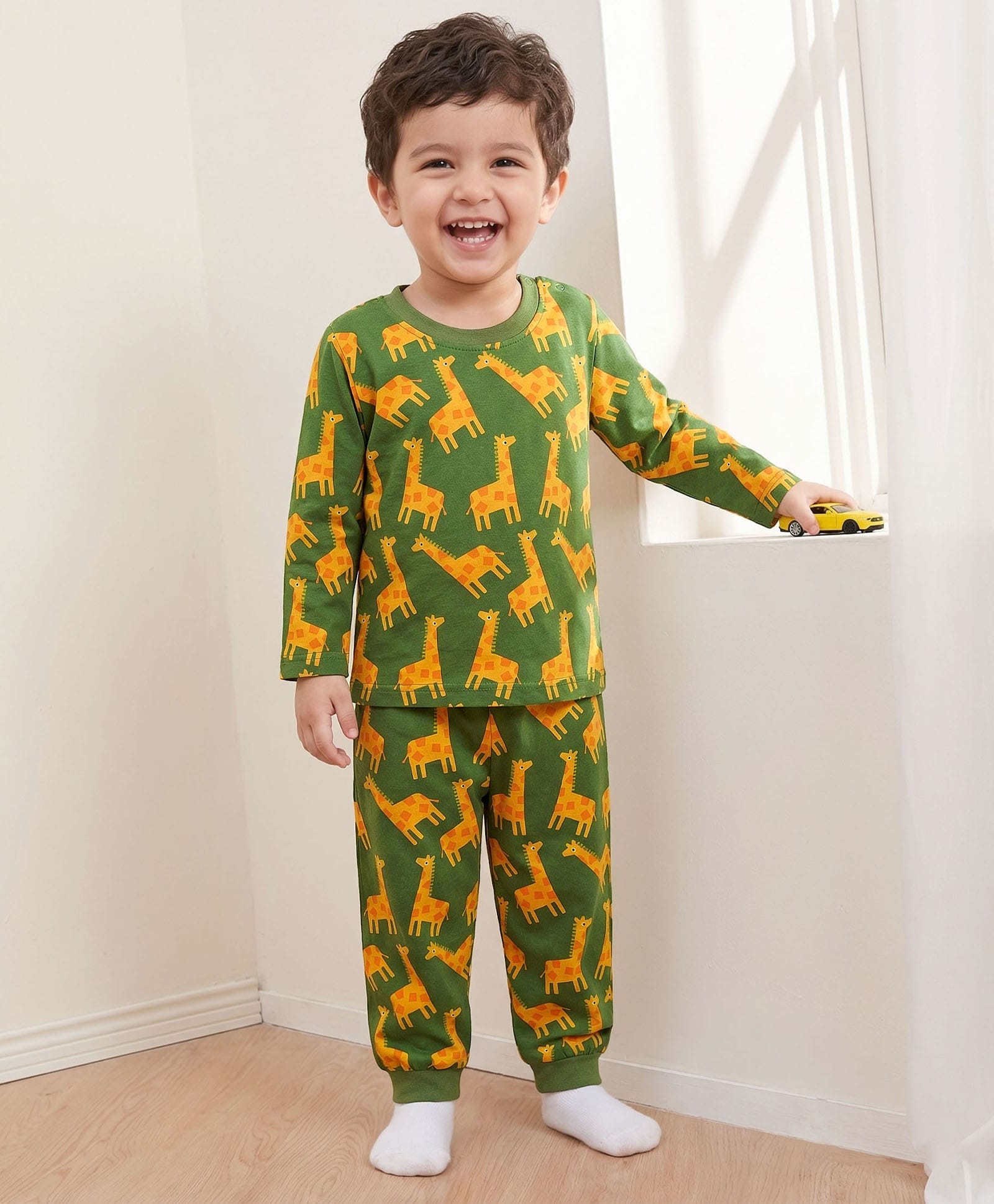 Babyhug Cotton Knit Full Sleeves Co-Ord Night Suit with Animal Print - Green-image-21