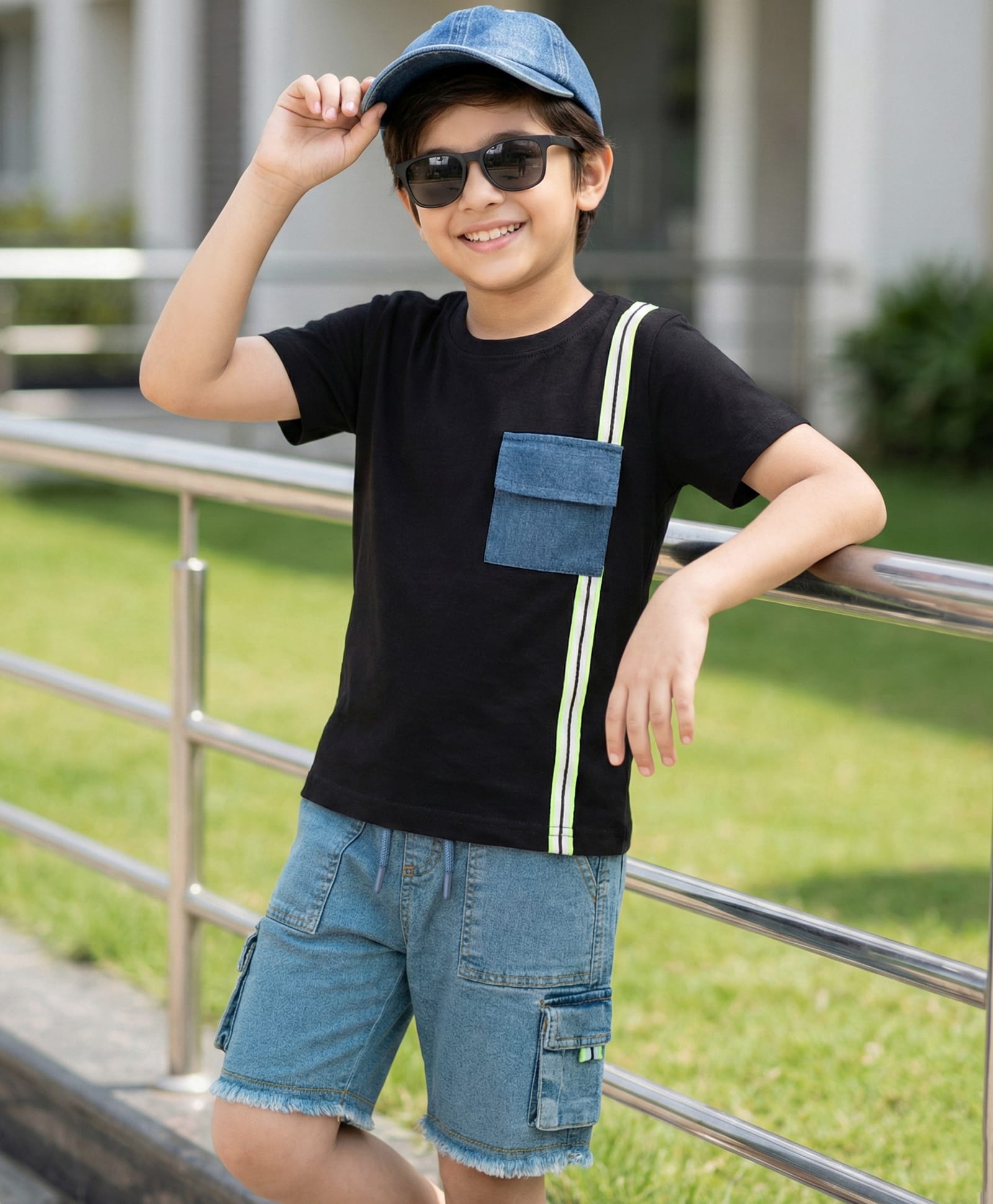 OLLINGTON ST. Cotton Knit Half Sleeves T-Shirt & Denim Stretchable Shorts Set - Black & Indigo