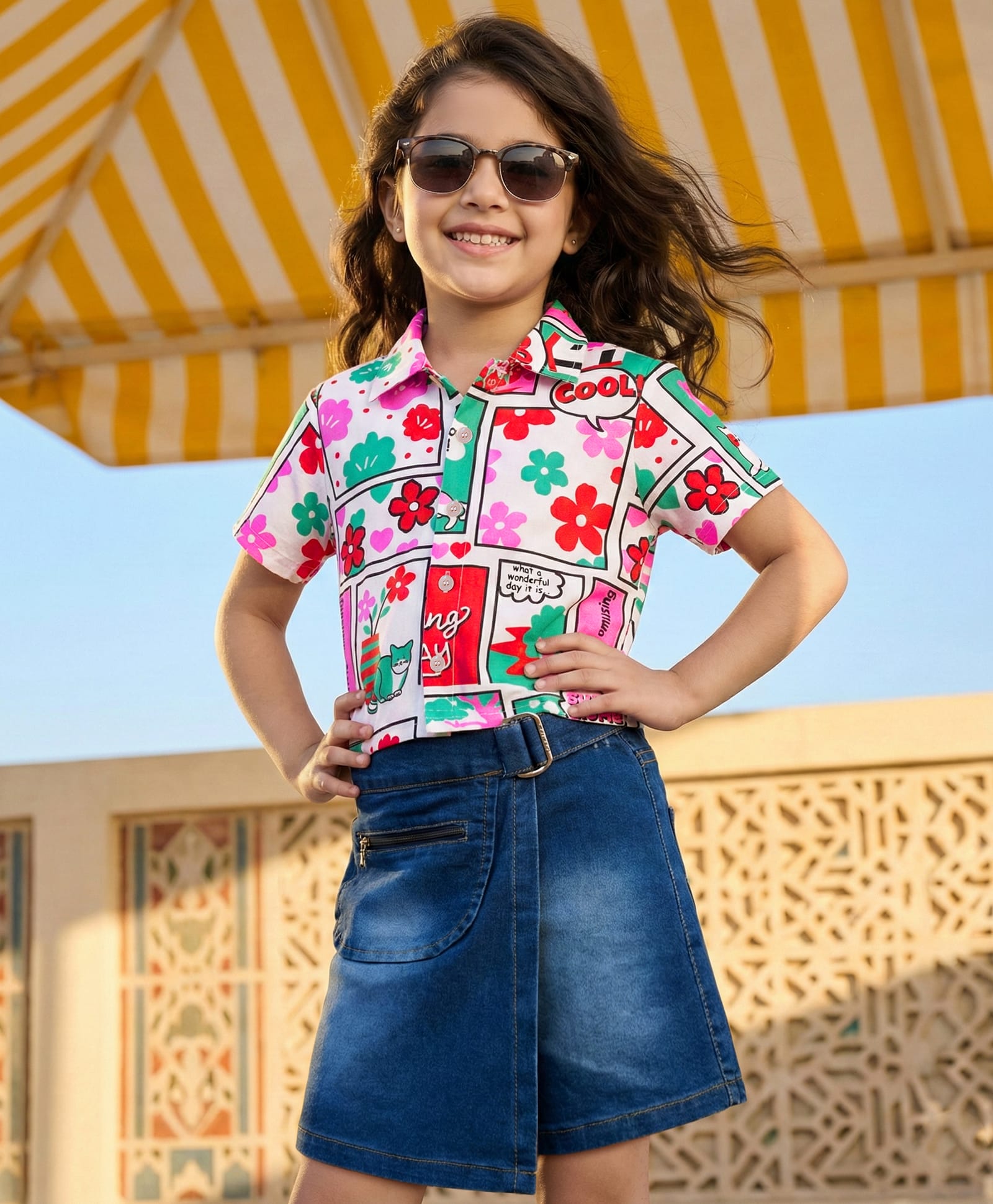 OLLINGTON ST. Cotton Knit Half Sleeves Floral Printed Top & Denim Skort Set - Multicolor & Indigo-image-28