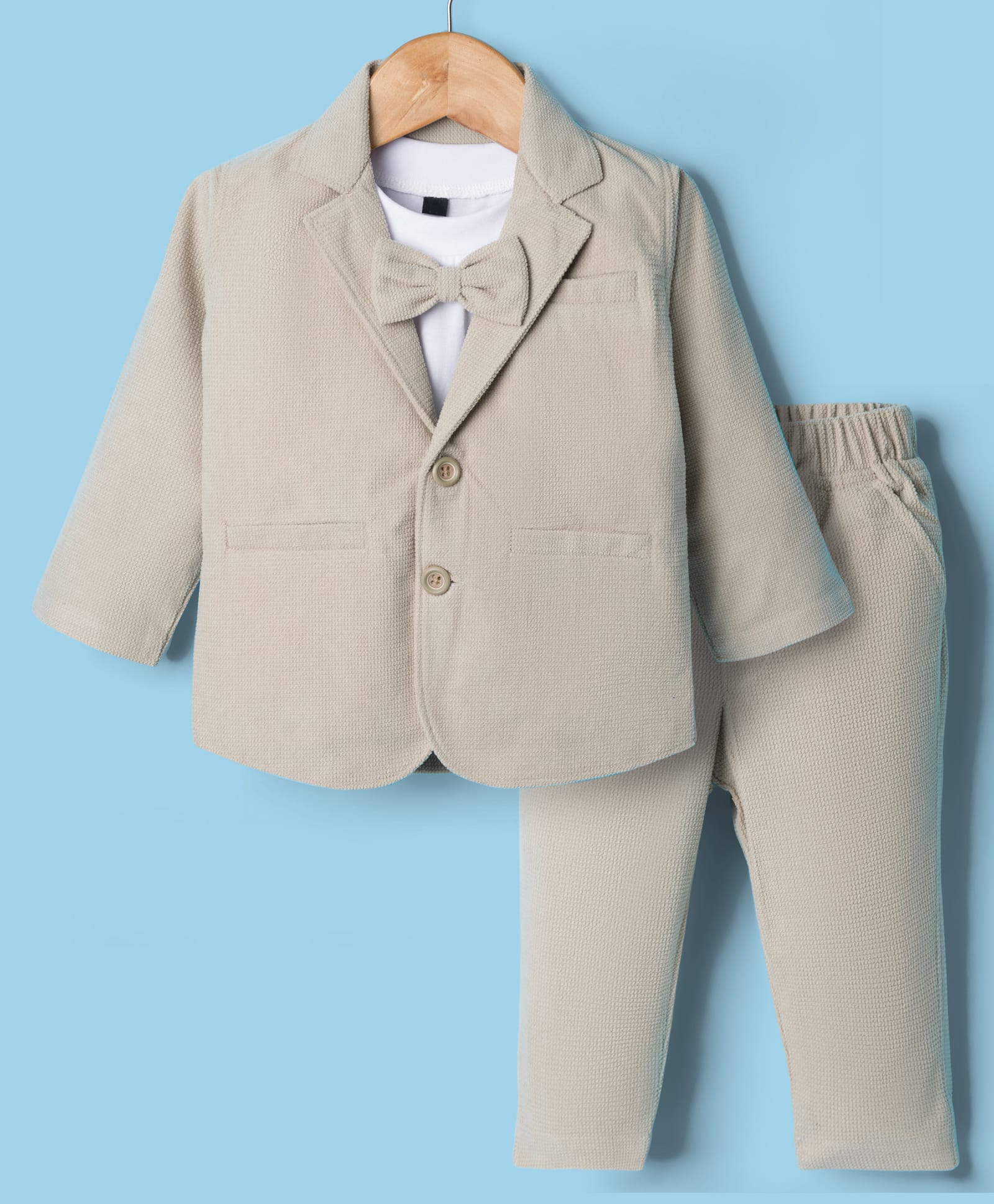 Rikidoos Full Sleeves Solid 3 Piece Party Suit Set With Bow - Beige & White-picture-35
