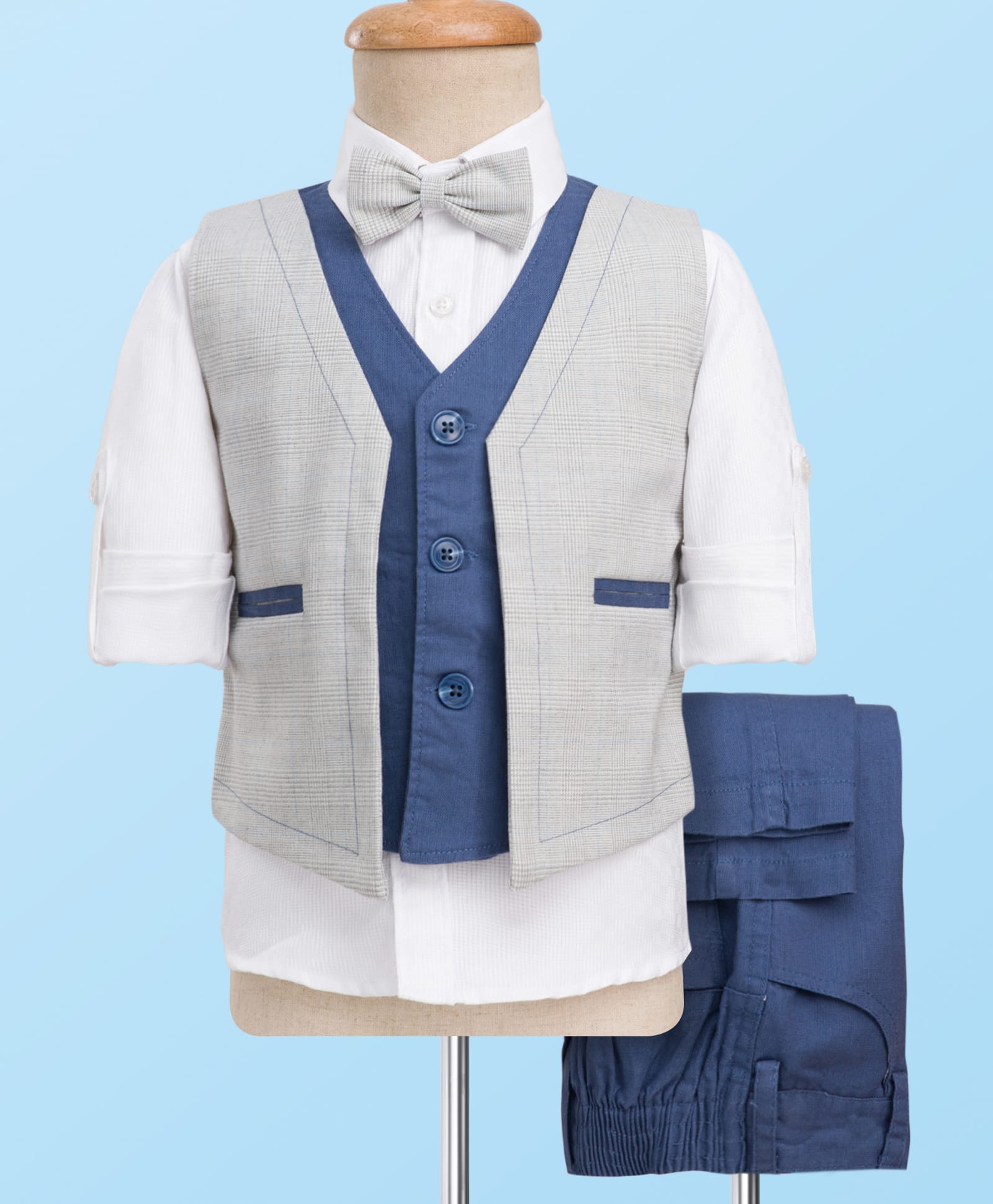 Rikidoos Full Sleeves Checked 3 Piece Party Suit Set With Bow - White & Blue-image-23