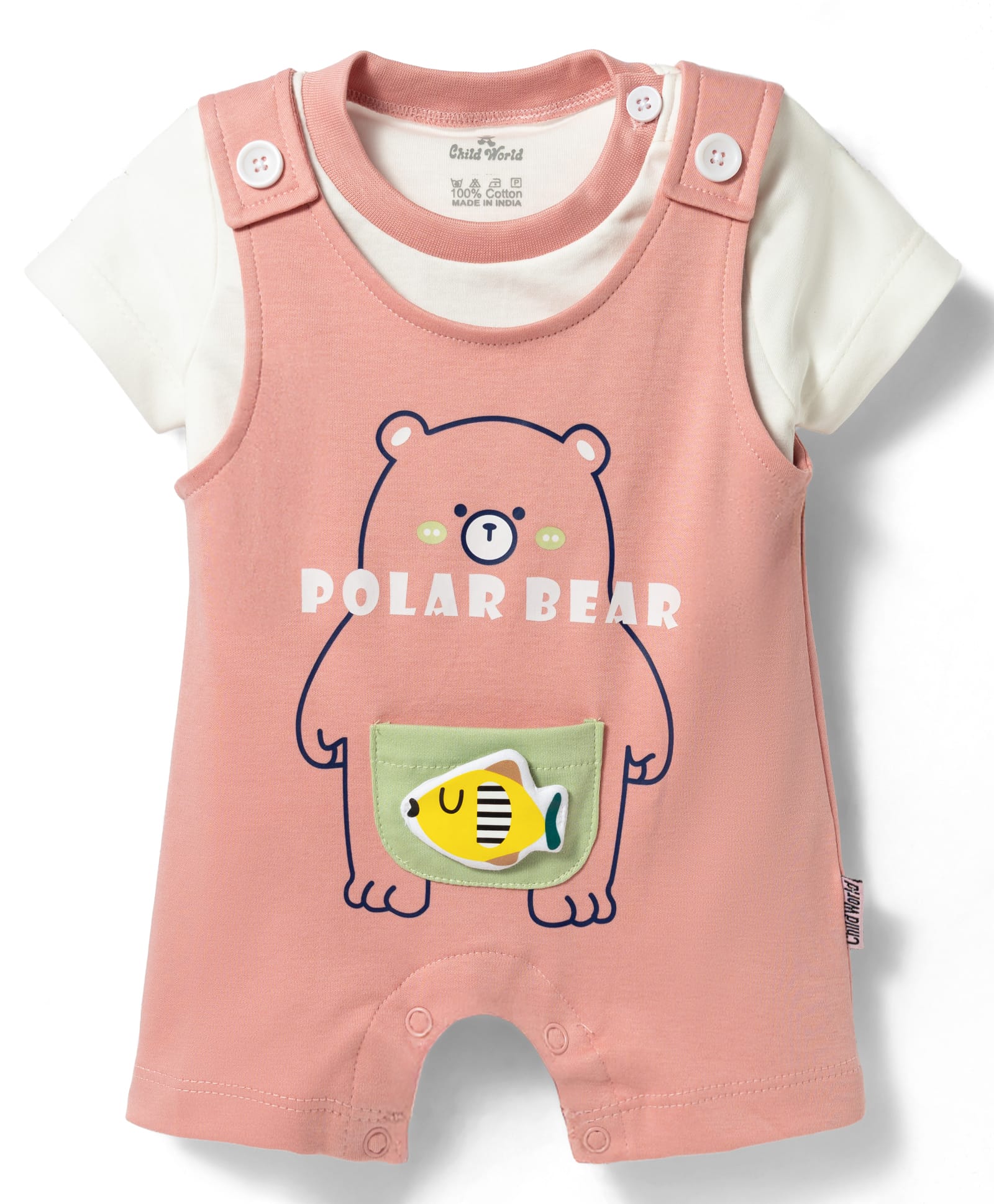 Child World Interlock Knit Half Dungaree Style Inner Tee & Romper with Polar Bear Print - Pink-picture-6