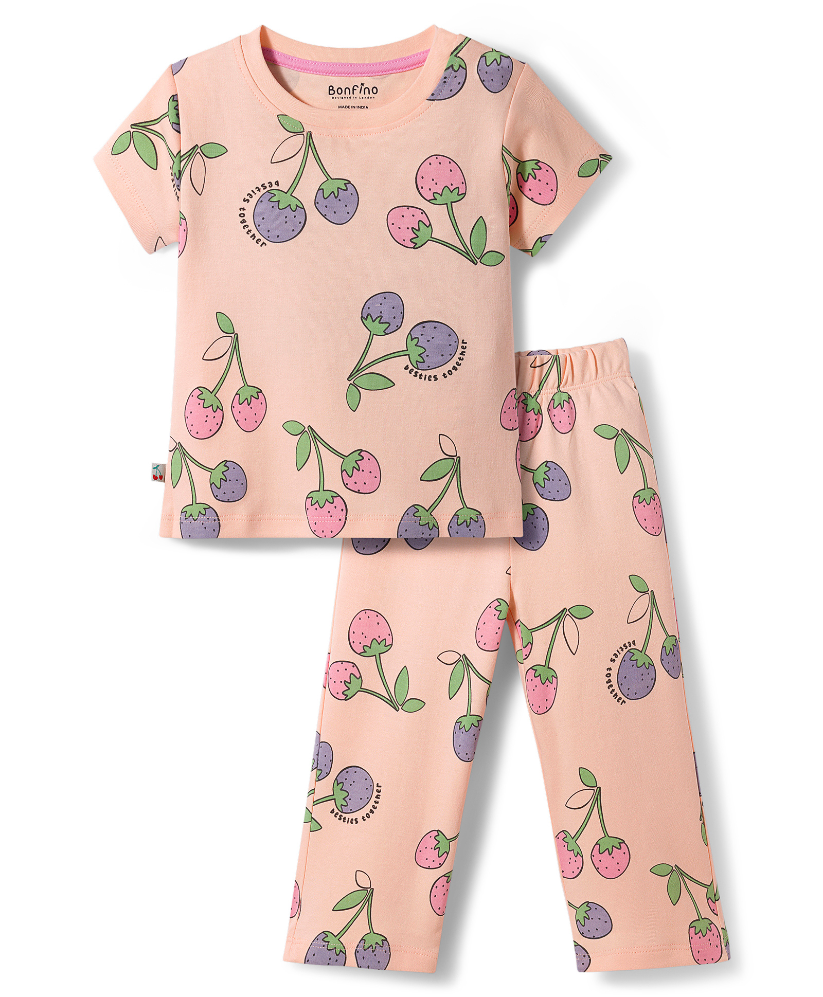 Bonfino 100% Cotton Knit Half Sleeves Tropical Theme Printed T-Skirt & Pyjama Night Suit - Peach