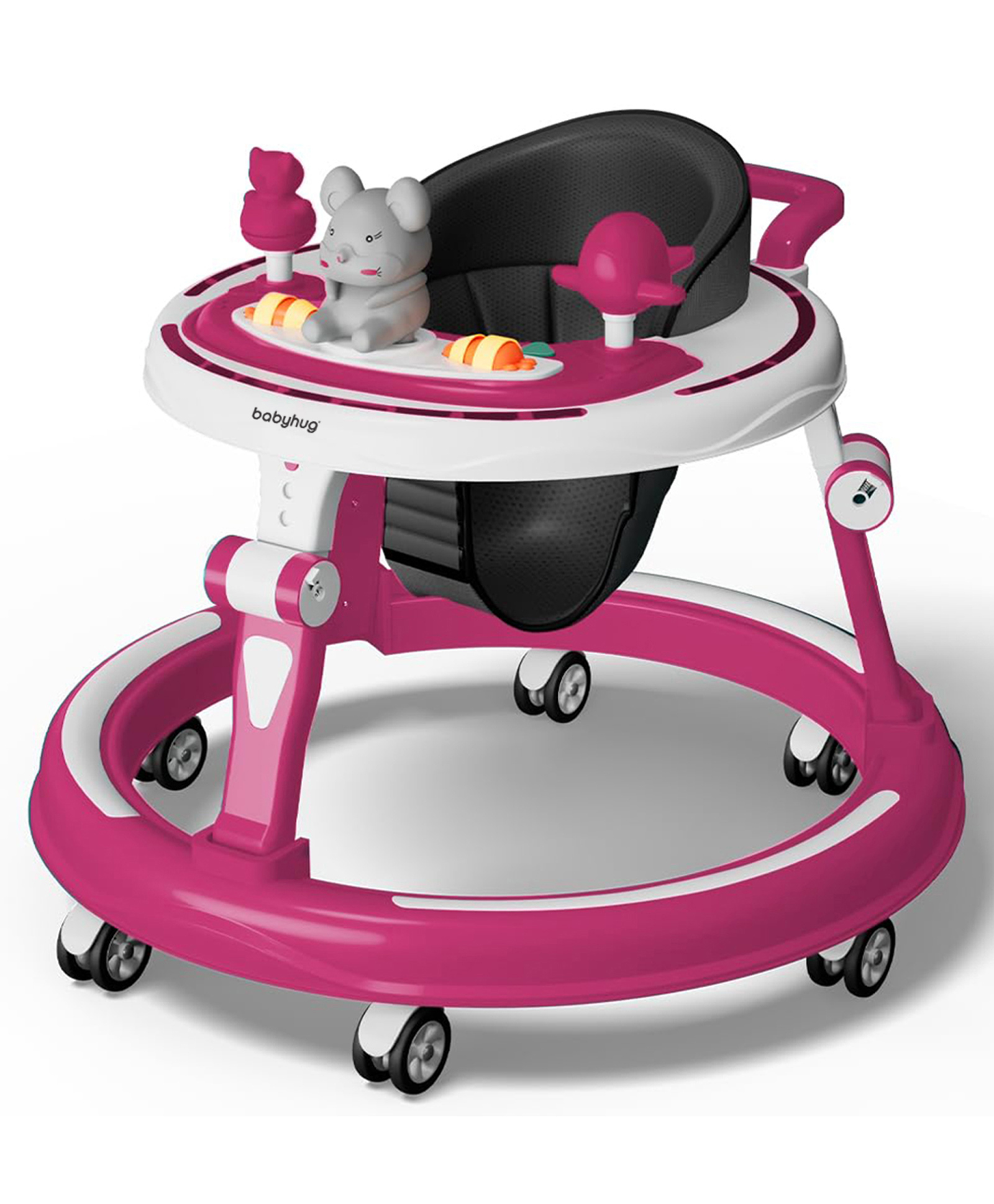 Babyhug 360° Joy Baby Walker with Convertible Feeding & Musical Toy Tray - Pink| Adjustable Height| Compact Fold| Activity cum Push Walker| Smooth Swivel Wheels| Padded Cushion Seat