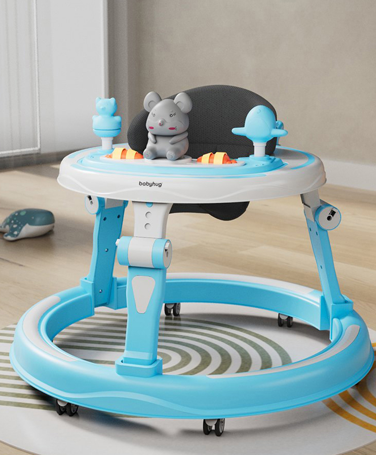 Babyhug 360° Joy Baby Walker with Convertible Feeding & Musical Toy Tray - Light Blue| Adjustable Height| Compact Fold| Activity cum Push Walker| Smooth Swivel Wheels| Padded Cushion Seat