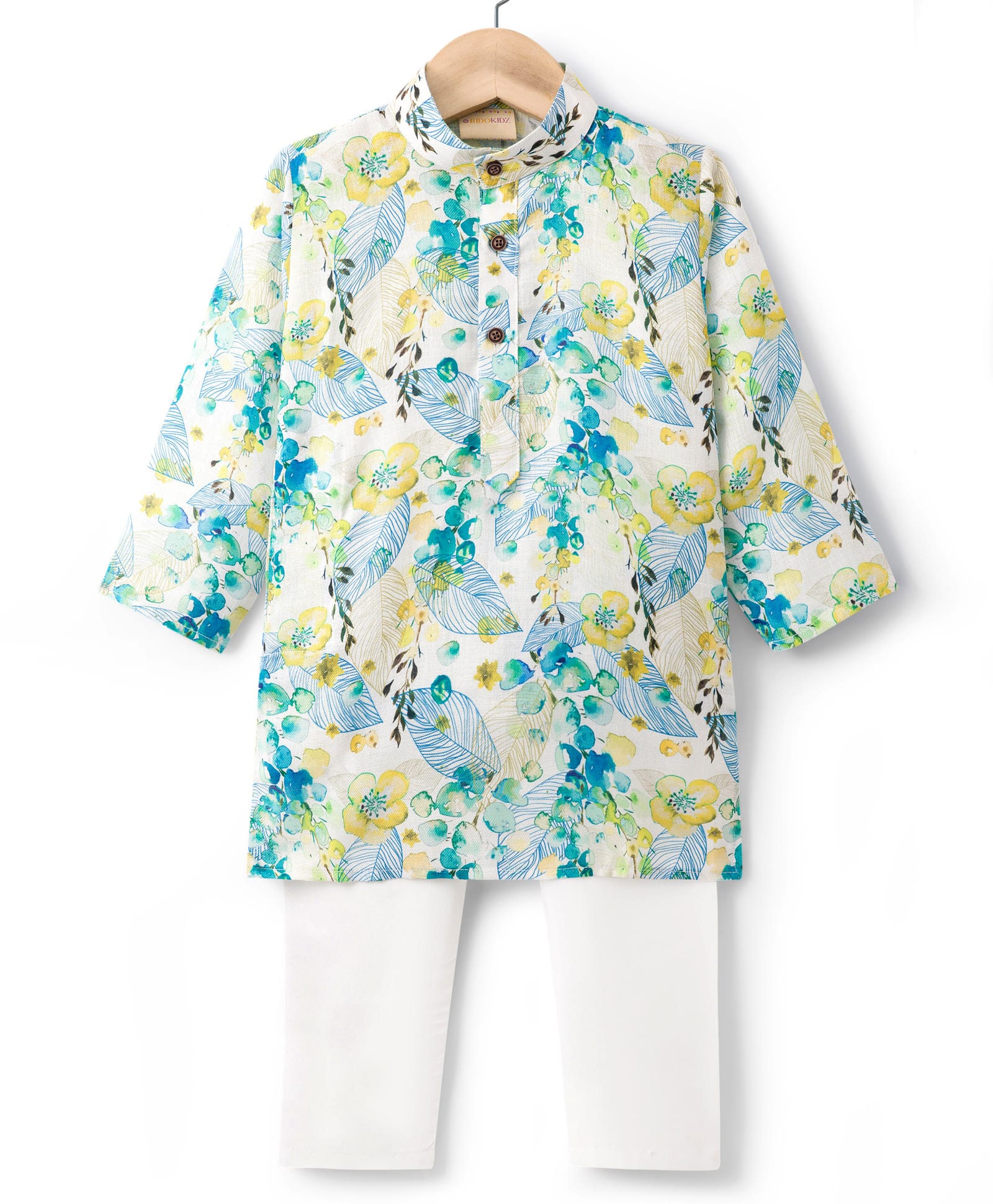 Ridokidz Full Sleeves Floral Printed Kurta Pyjama Set - Sea Green-picture-23